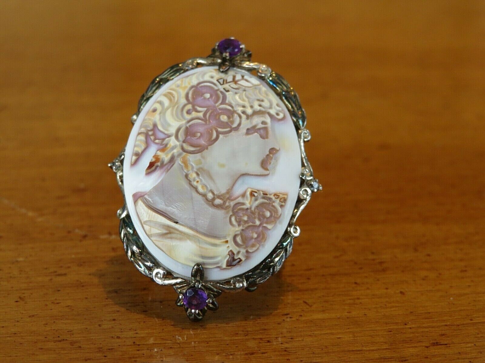 VINTAGE STERLING SILVER CARVED CAMEO AMETHYST RING SIZE 7 39X28MM