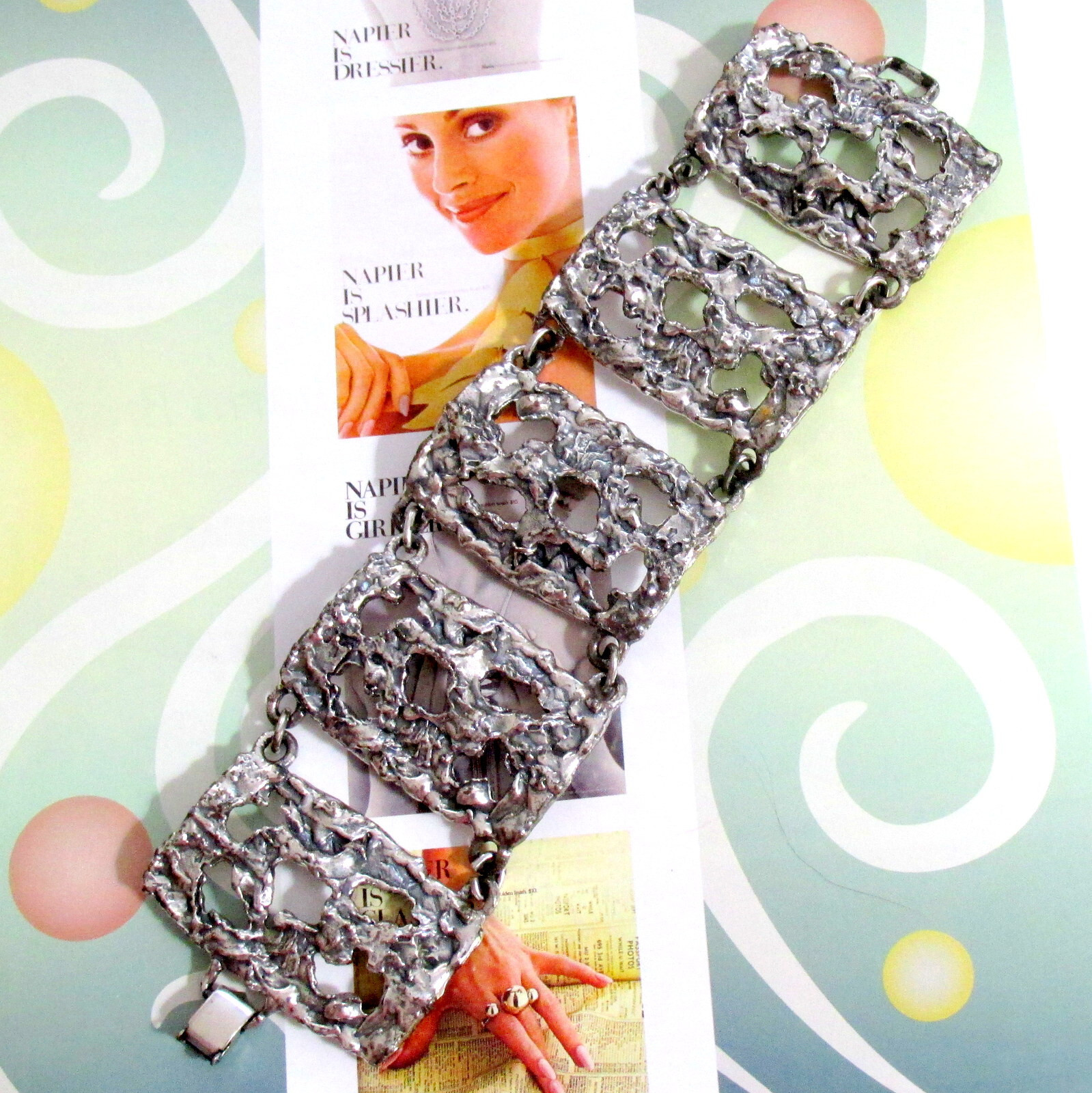 VTG RUNWAY EDGY NAPIER BRUTALIST SILVER BOOK PIECE BRACELET ’72 “MOLTEN METAL”