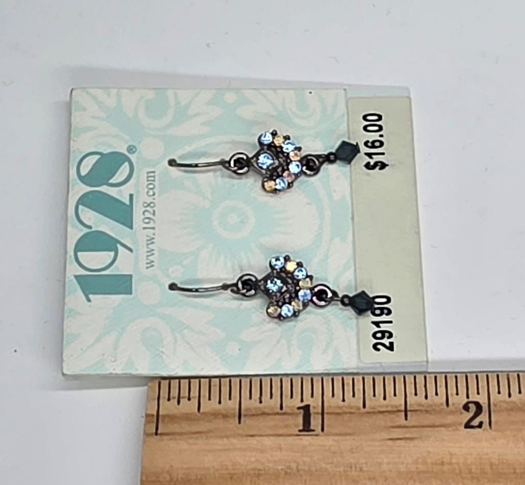 NEW ON CARD BLUE & CLEAR DANGLE 1928 EARRINGS GUN METAL SETTING~FREE US SHIP