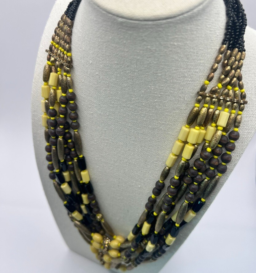 Vintage Boho Multi-Strand Necklace Yellow Black Natural Wood Seed Beads Earthy