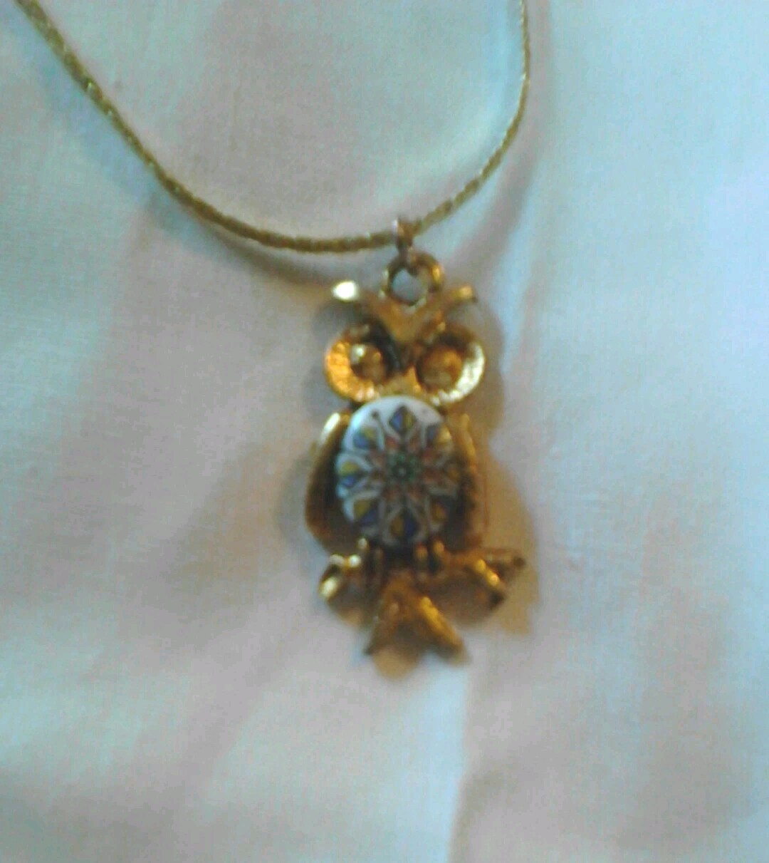 Vtg 1970’s Gold Plate Metal Milfori Flat Bead Owl Pendant Necklace