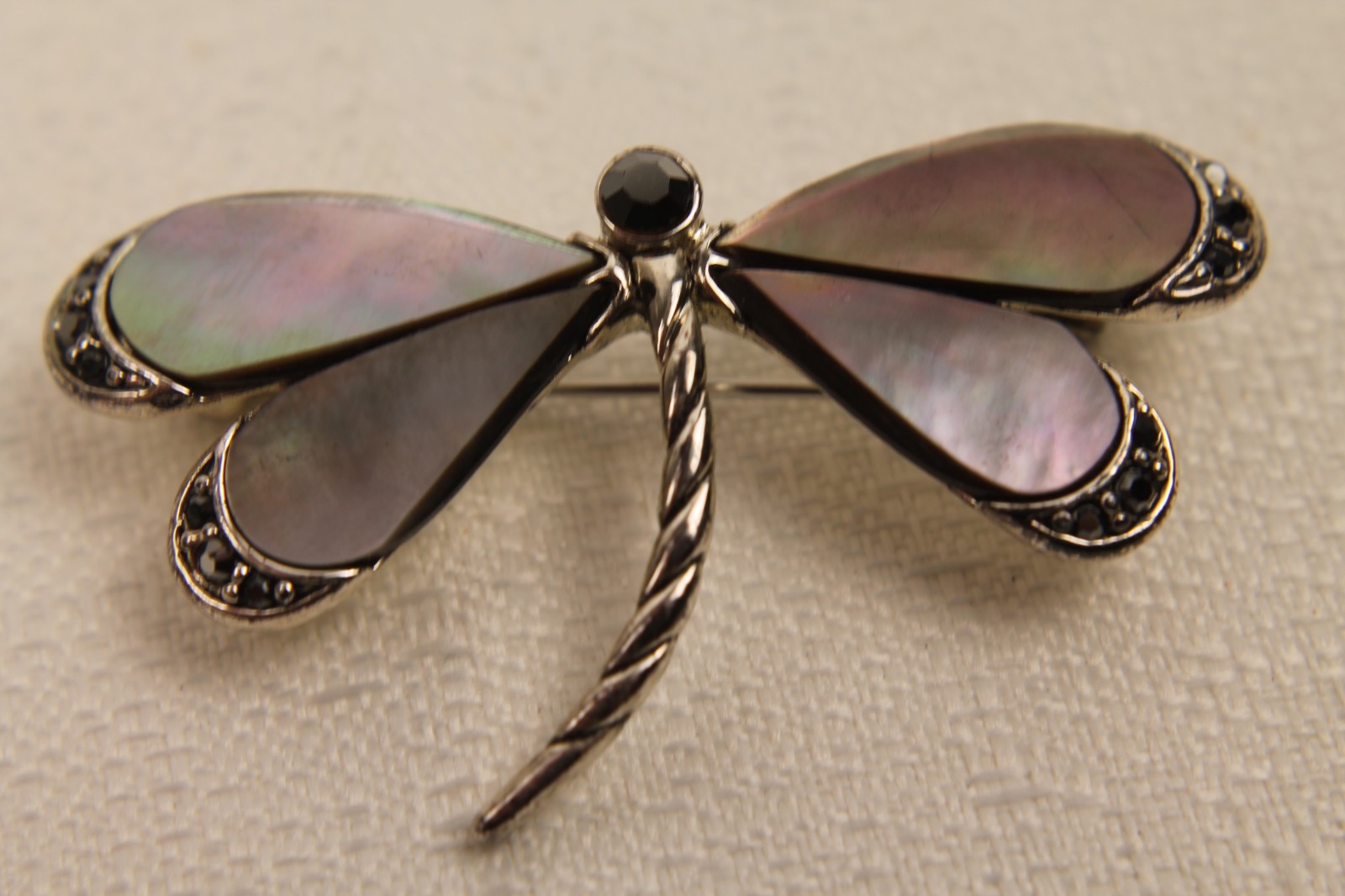 Vintage Black Mother of Pearl Dragonfly Pin Brooch Silver Tone Shell Marcasite