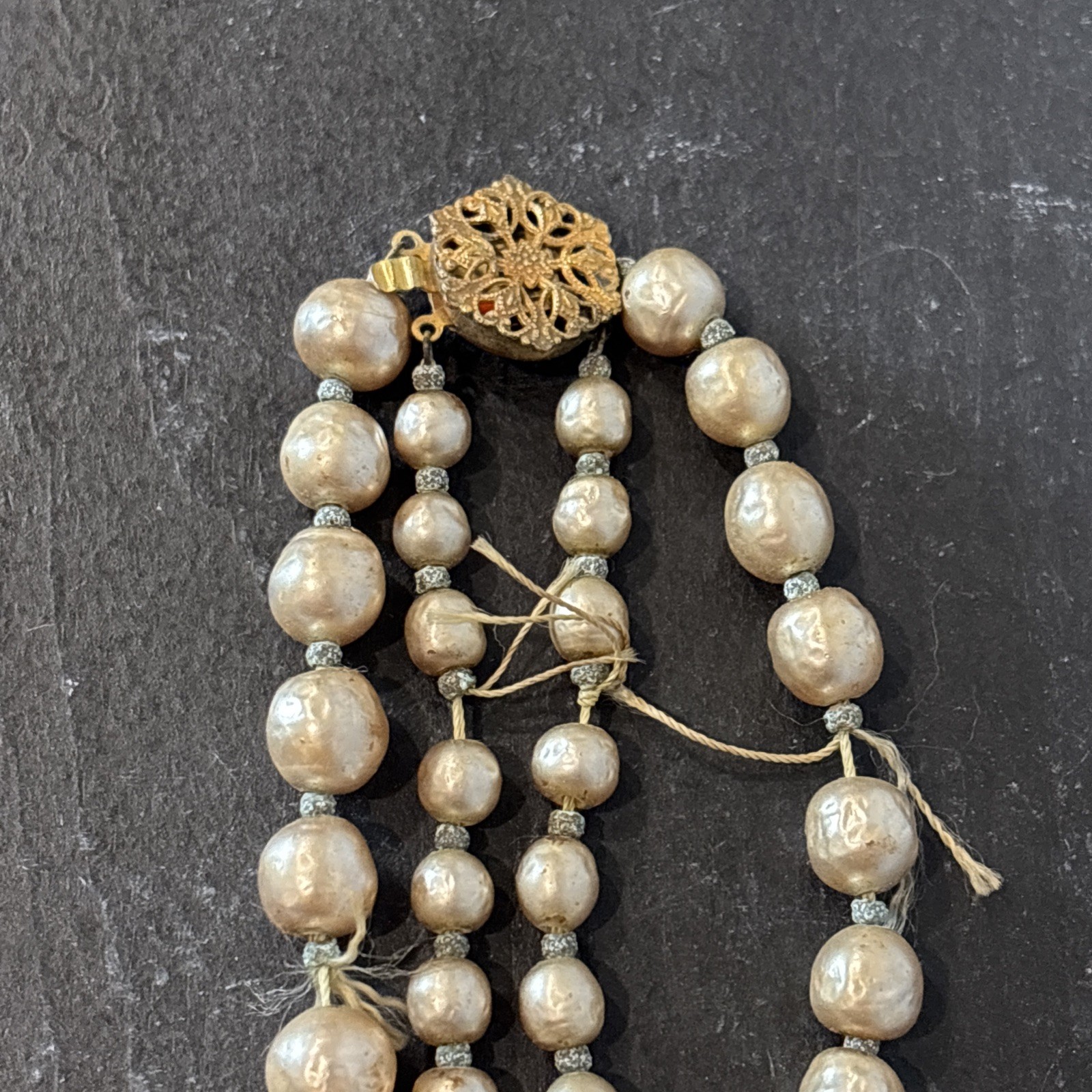 Double Strand Miriam Haskell Baroque Simulated Pearl Necklace Gold Tone Closure