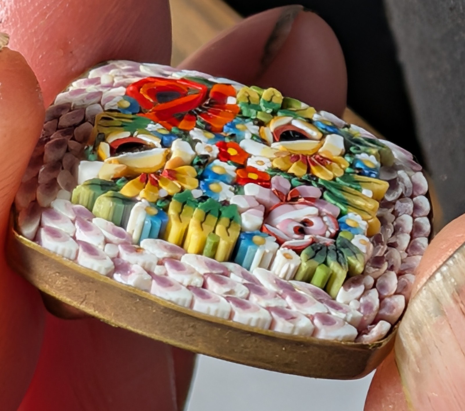 Vintage Italian Micromosaic Diamond-Lozenge Brooch Split-Level Smalti-Glass