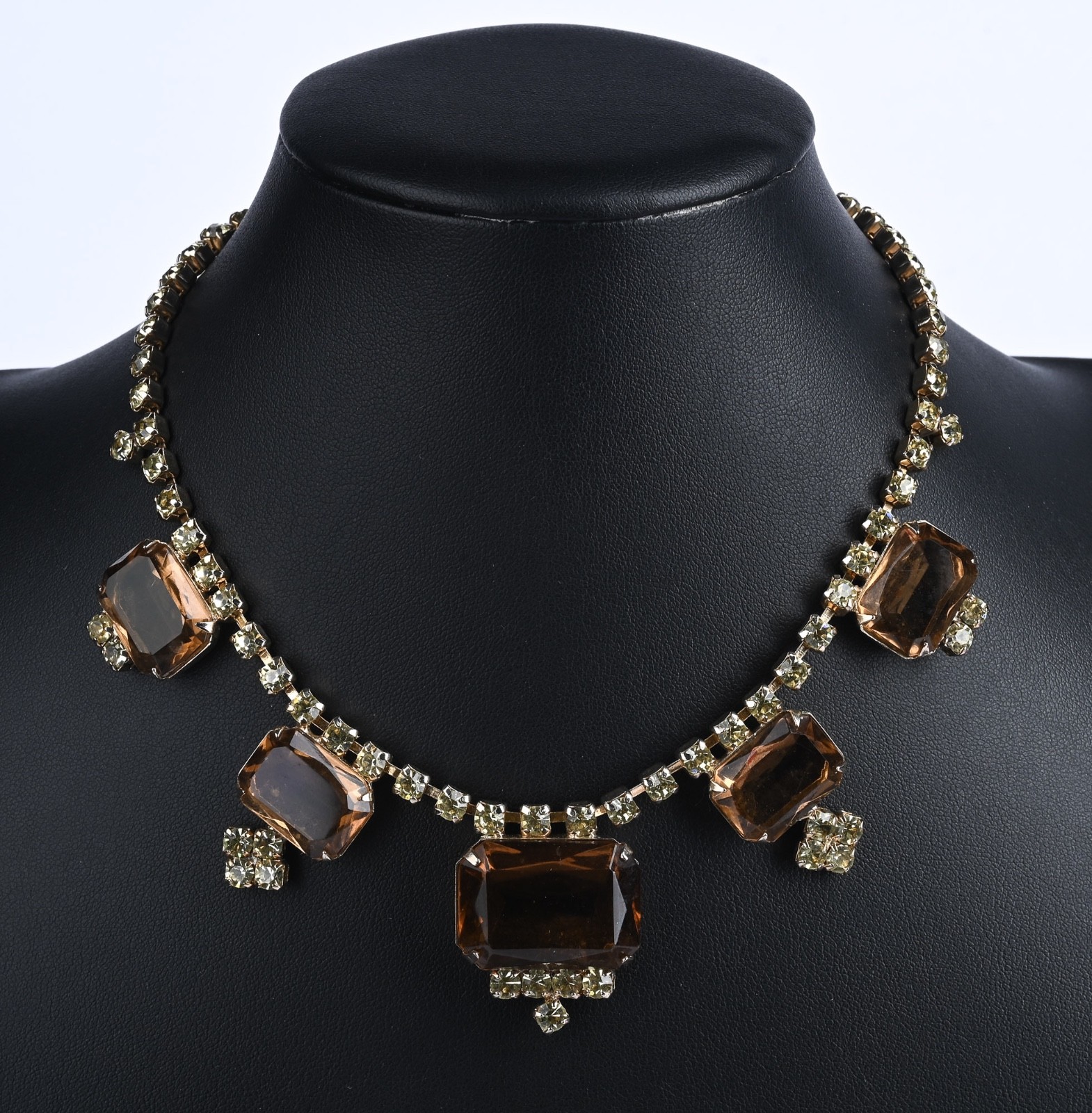 Vintage Amber Glass Rhinestone Festoon Choker Necklace Gold Tone 14″