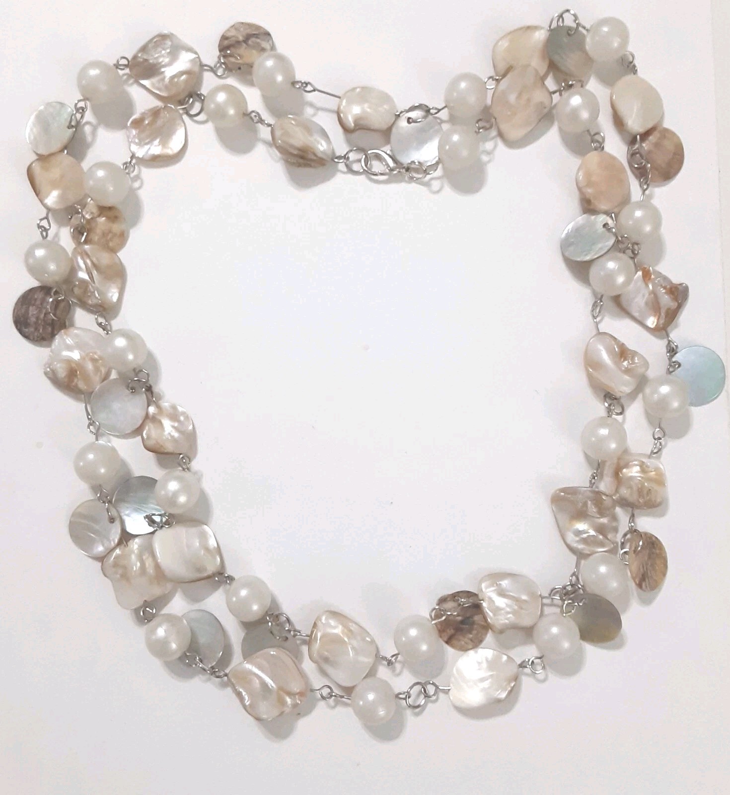 Vintage Mother of Pearl Abalone Shell Faux Pearl Bead Necklace 48 in