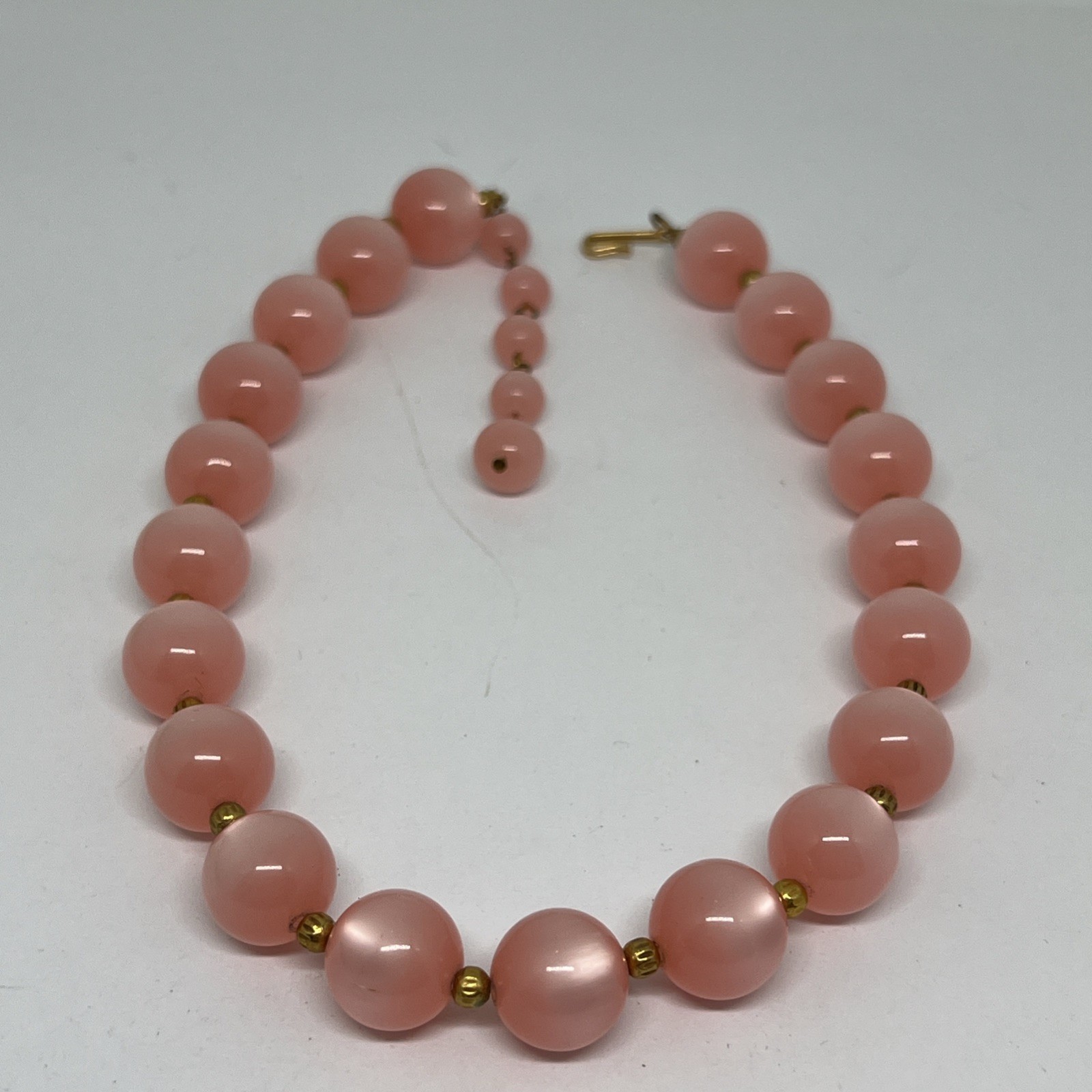 ⁠Vintage Pink Moonglow Lucite Bead 15”-17”Necklace Chunky J-Hook Choker