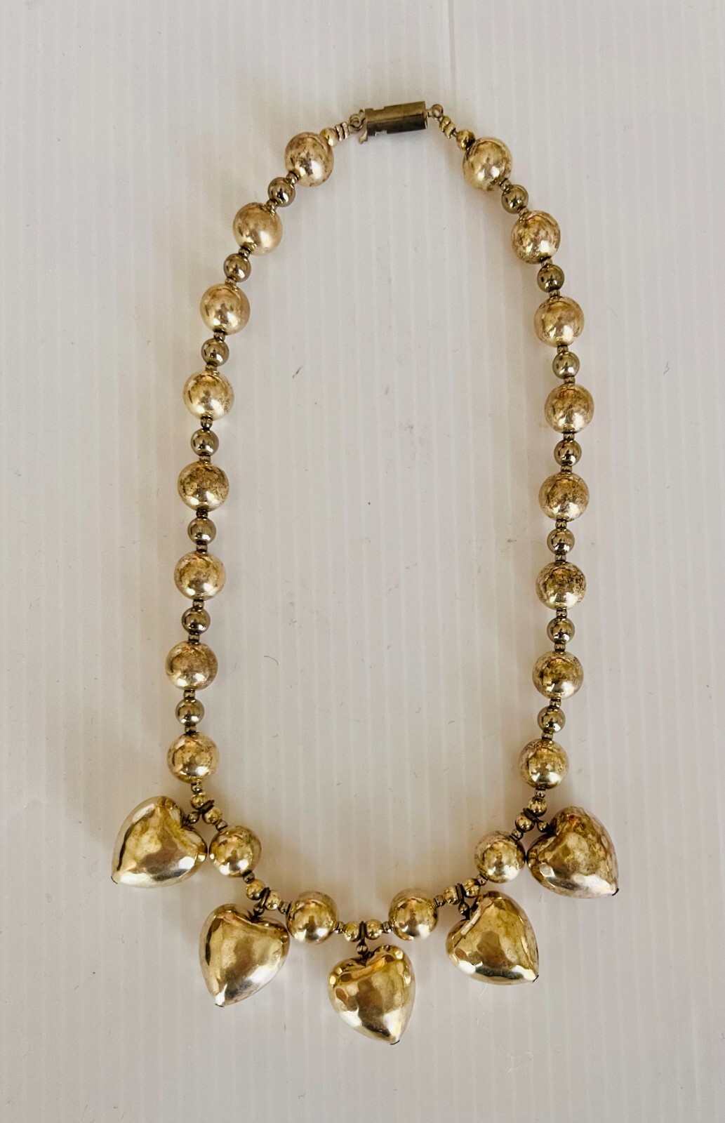 Vintage 1980s Puffy Hearts Beaded Station Silver Tone 16″ Necklace