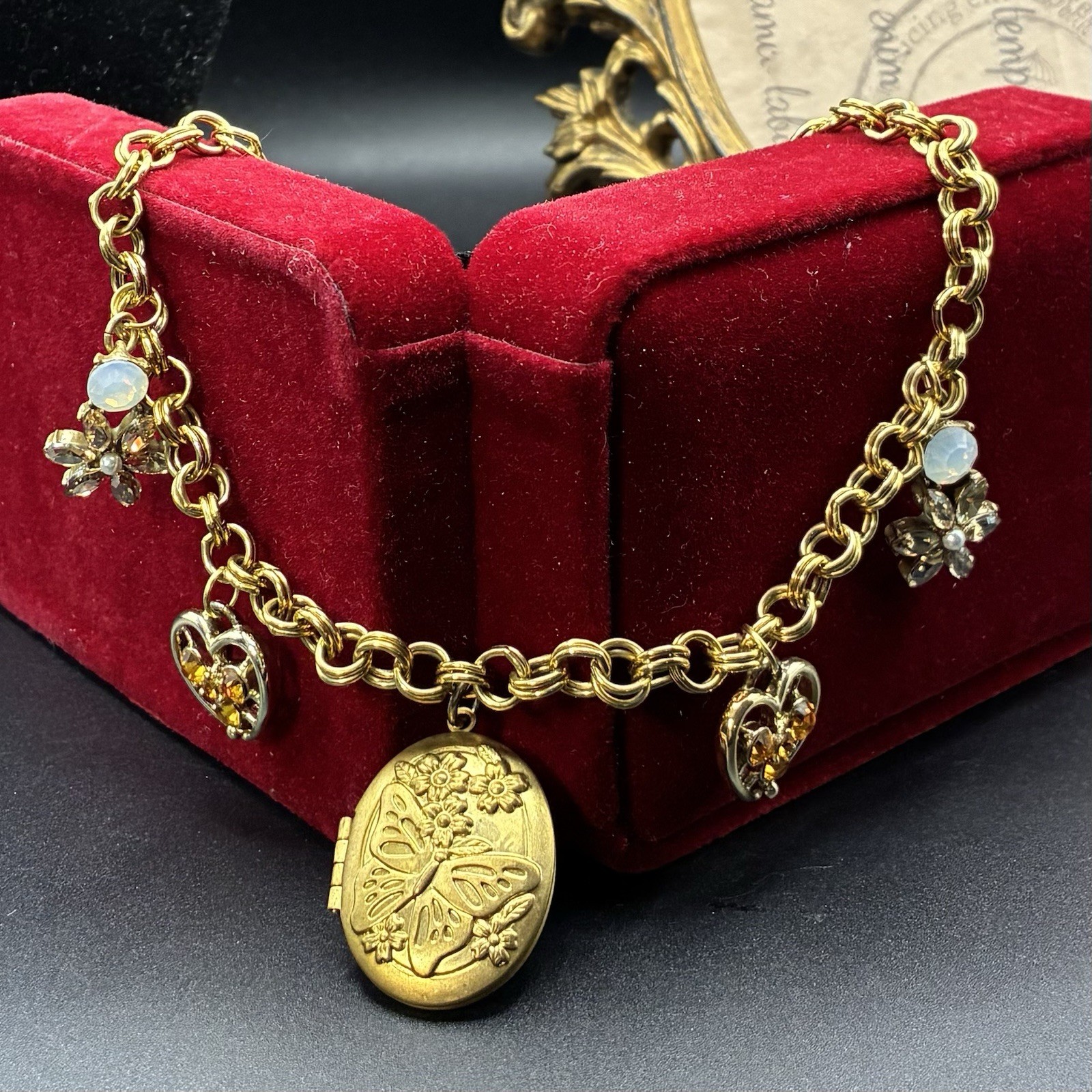 Charm Necklace OoaK, With Vintage Hearts, Flowers & Butterfly Locket, Adjustable