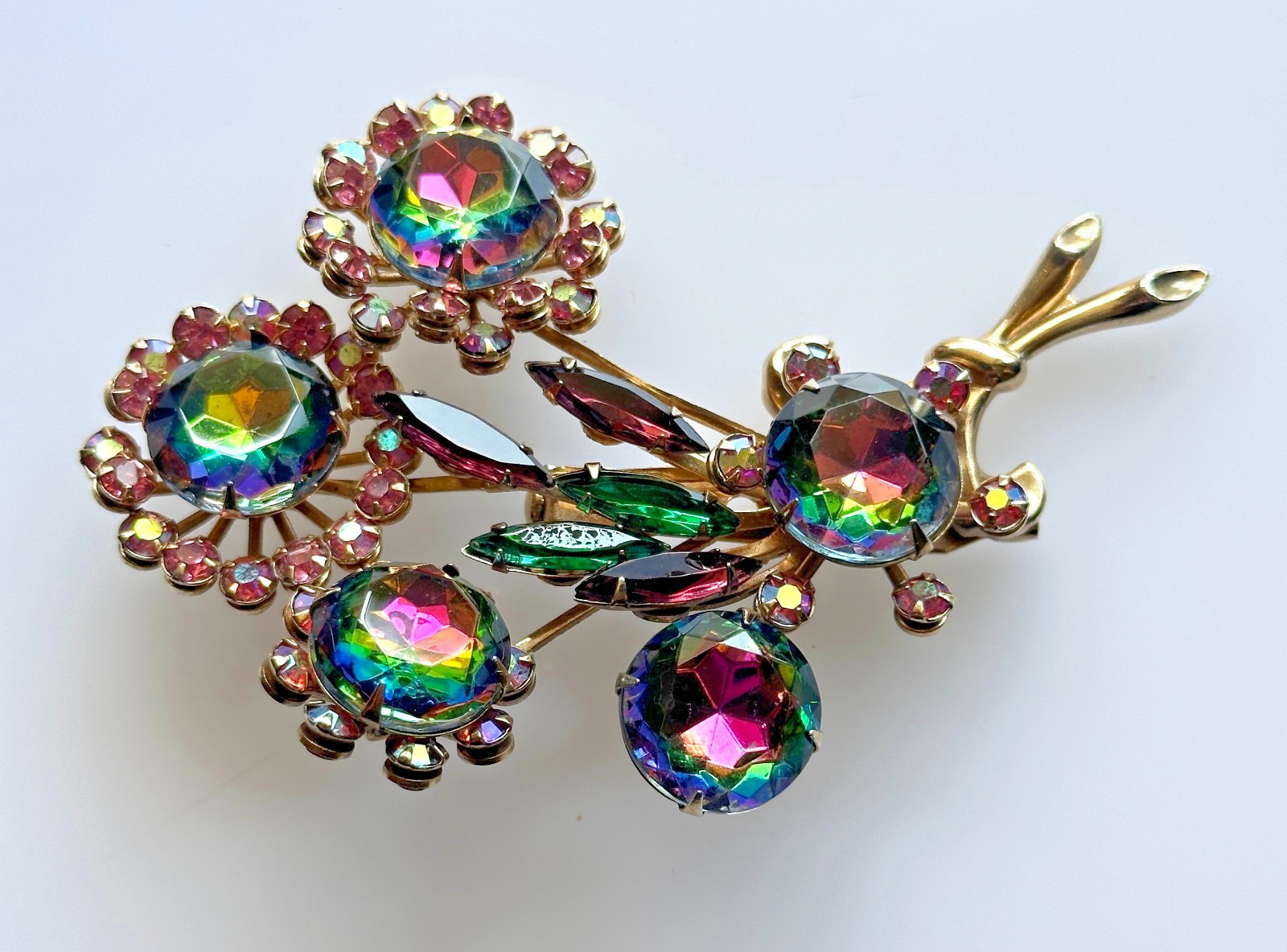 Vintage Large Watermelon AB Rhinestone Flower Bouquet Brooch Stunning Unsigned