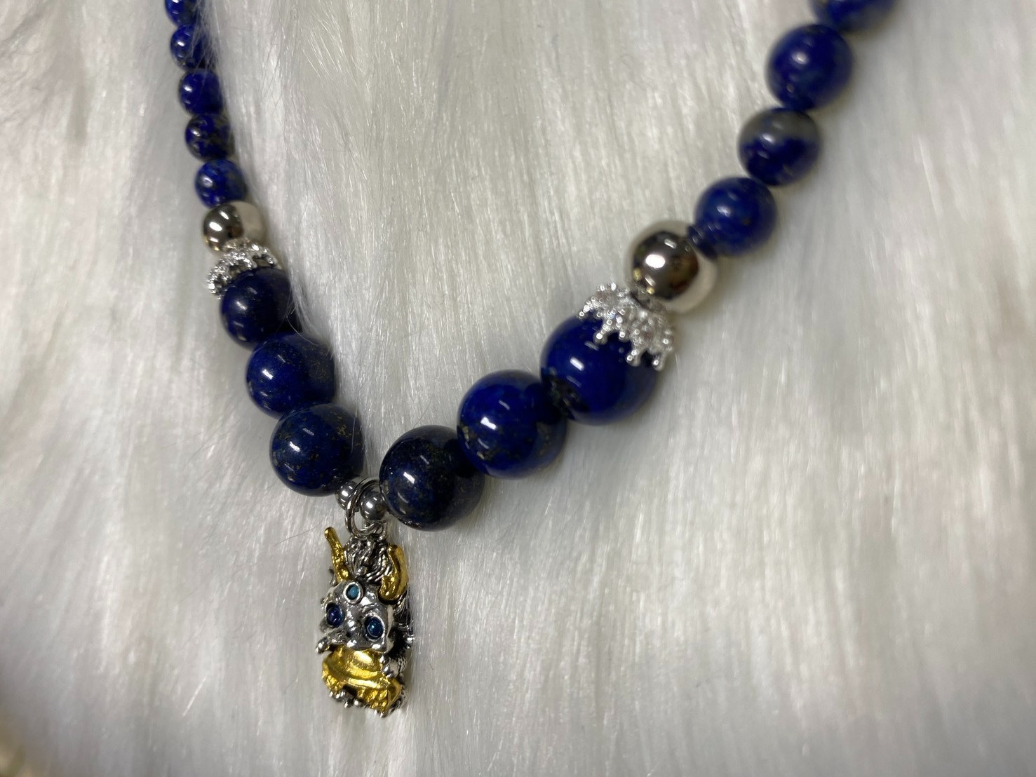Natural Lapis Lazuli Beaded Necklace with Chinese Dragon Pendant Protection Amul