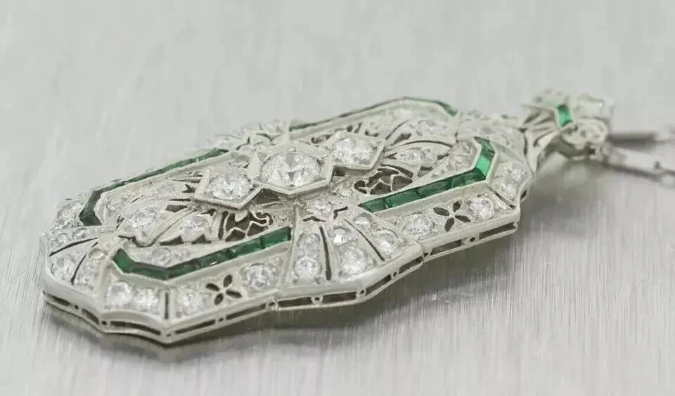 Art Deco Vintage Style Lab Created Diamond Emerald Engagement 925 Silver Pendant