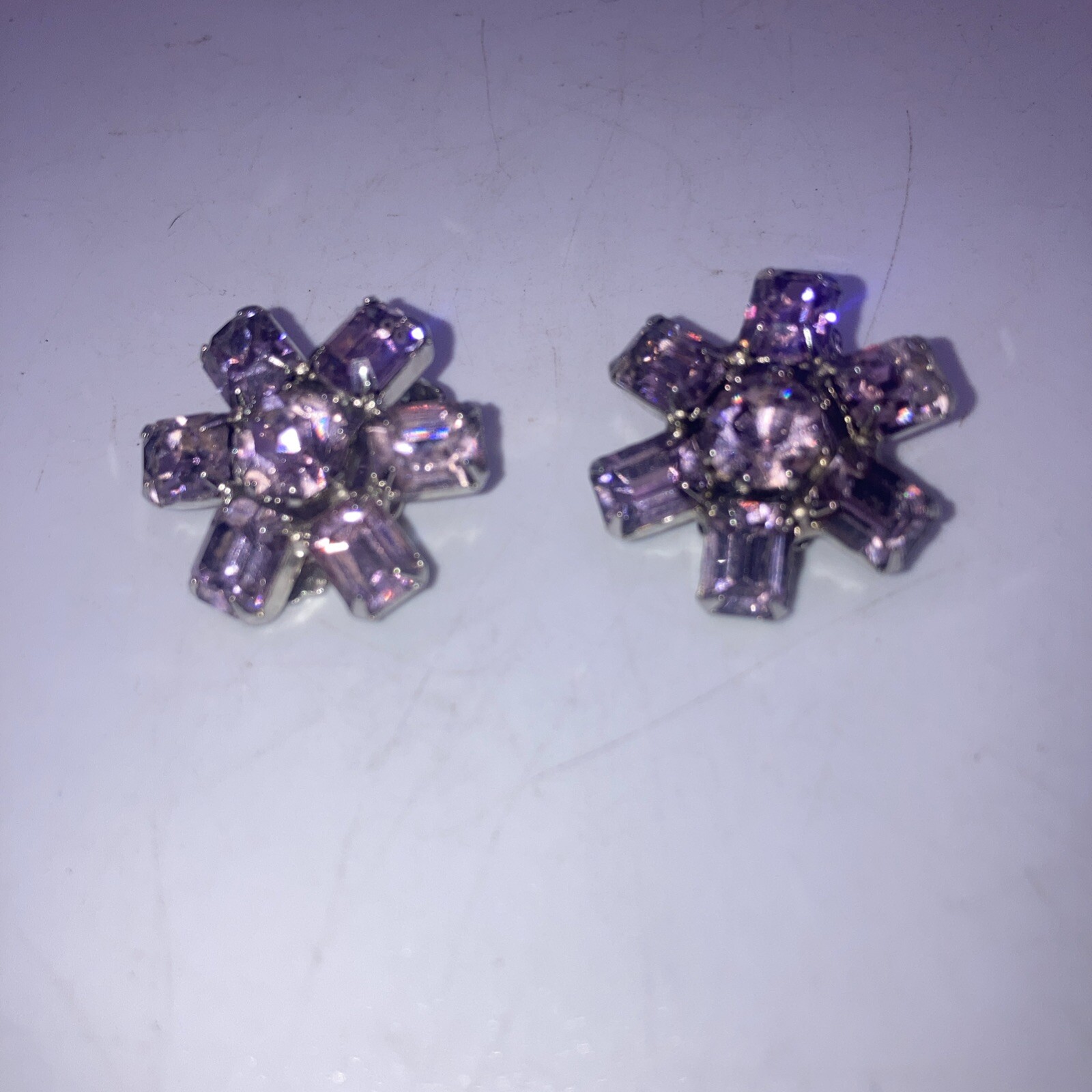 Vintage WEISS Emerald Cut Rare Pink Rhinestone Clip On Earrings 7 Stones, Signed