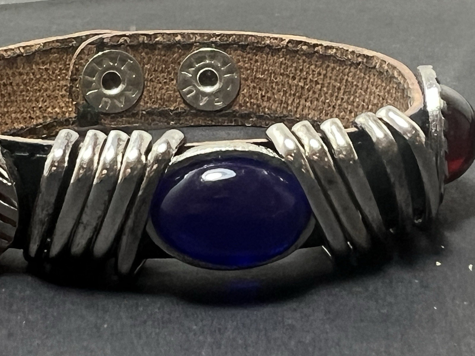 RARE 80s Rau Klikit Blue Leather Cuff Bracelet Punk Western Retro VTG Statement