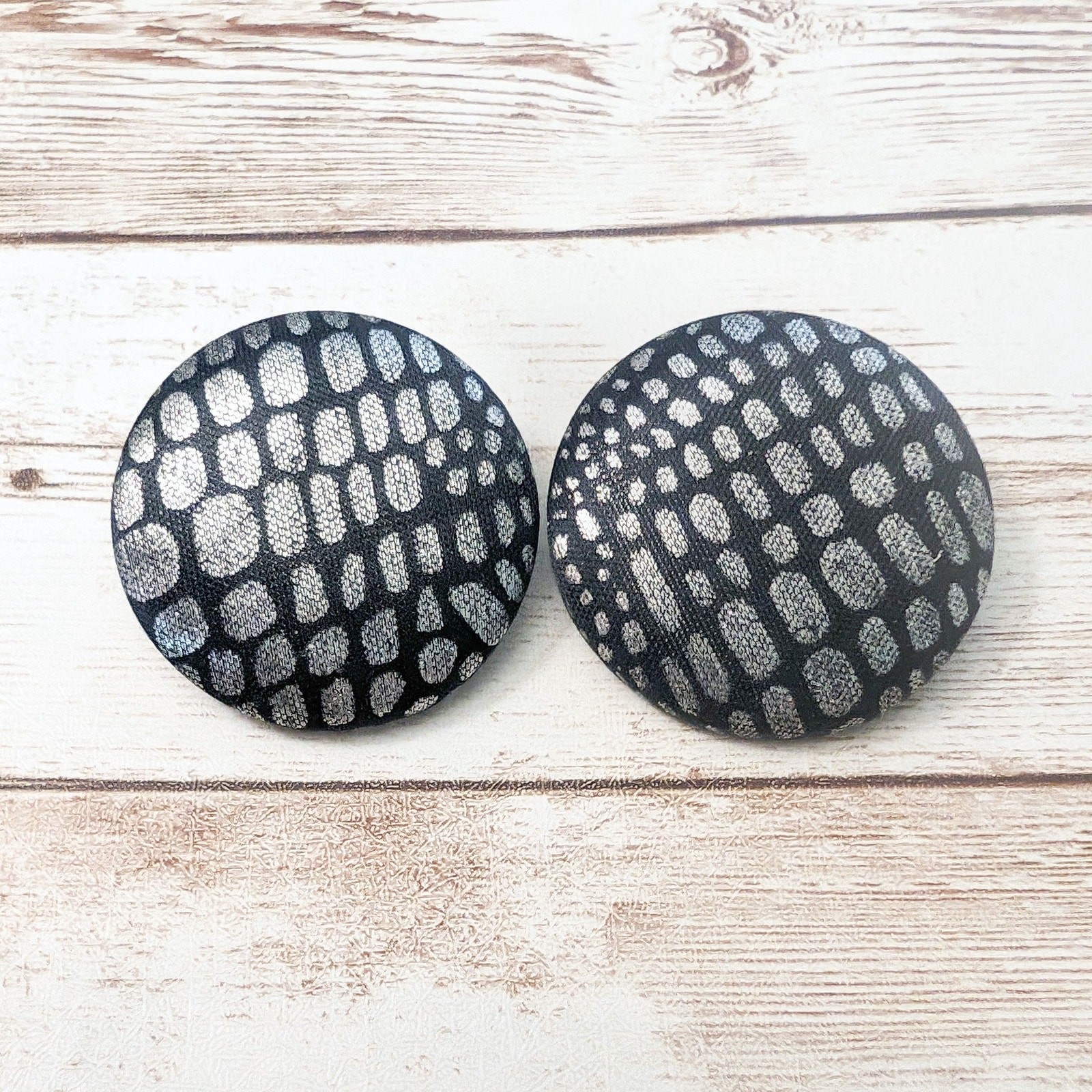 Vintage Clip On Earrings – Large Black with Silver Tone Design