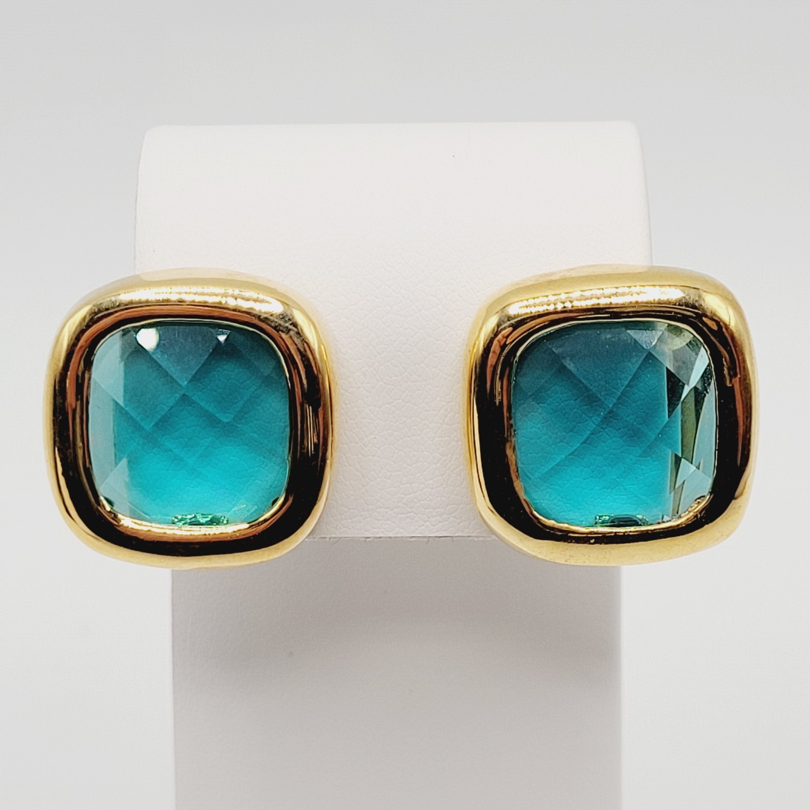 Aqua Light Blue Green Faceted Glass Soft Square Gold Tone Bezel Clip On Earrings