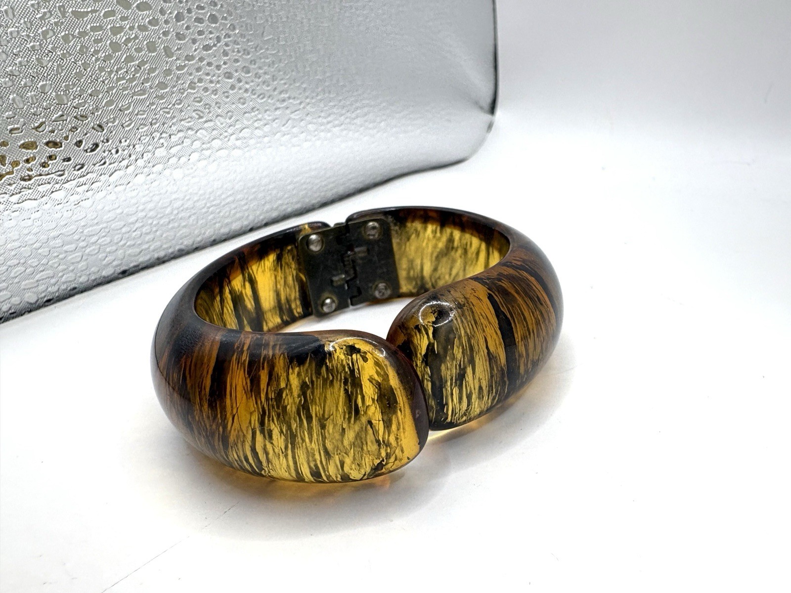 Rutilated Amber Resin Hinged Bypass Cuff Bracelet 6-6.5”