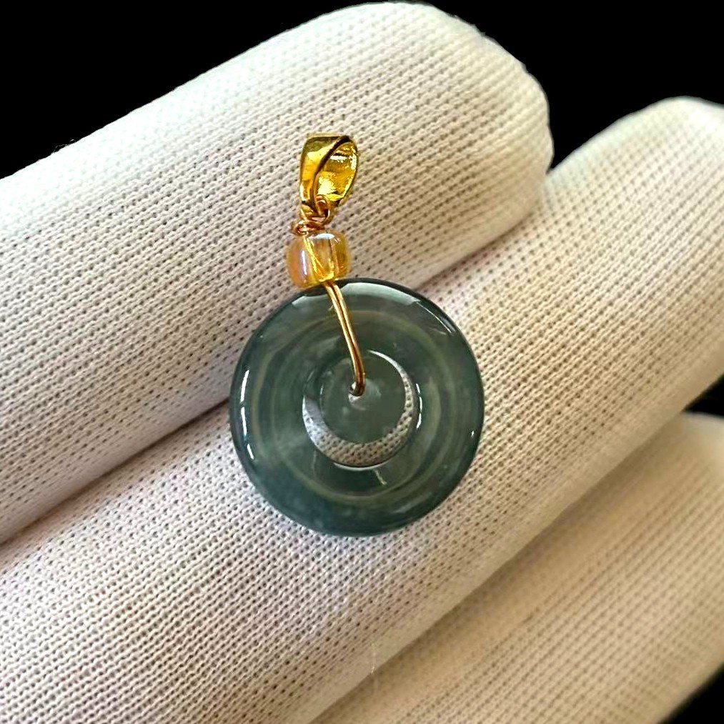 Natural Translucent Green Jade Jadeite Double-ring Small Pendant, 16x16x3mm