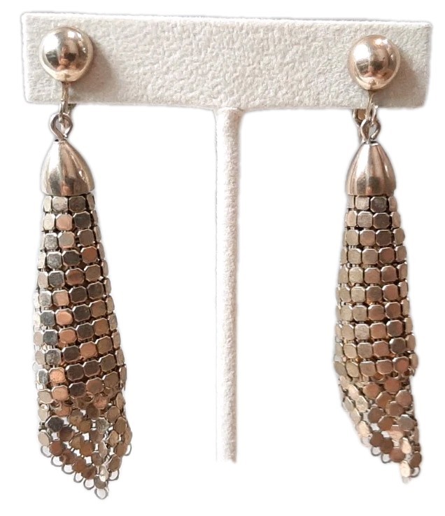 VTG Goldtone Chain Mesh Ball Drop Dangle Clip-on Earrings Retro Disco Elegant 3″