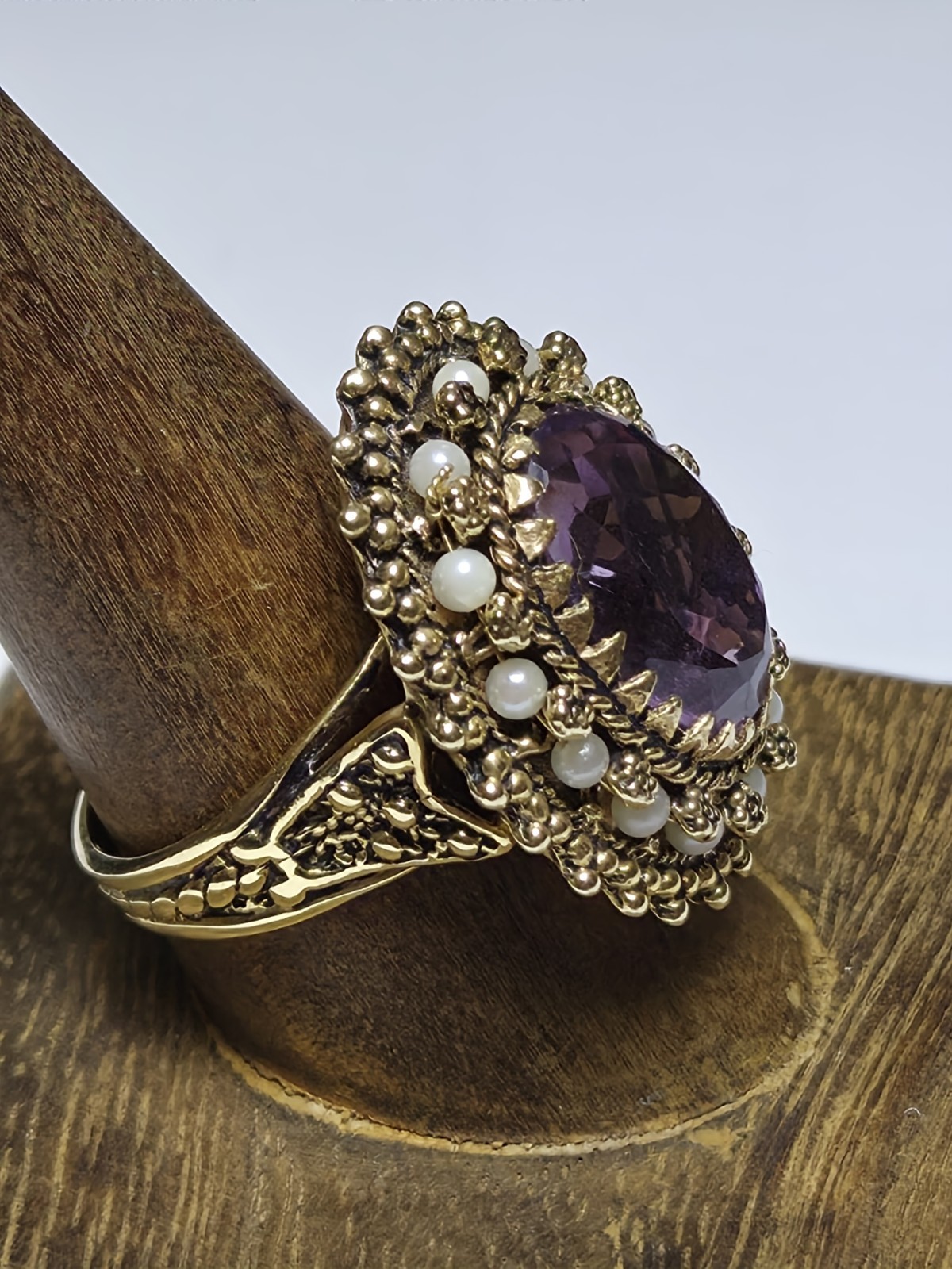 Vintage Signed 14k Yellow Gold Amethyst & Seed Pearl Ring Size 10