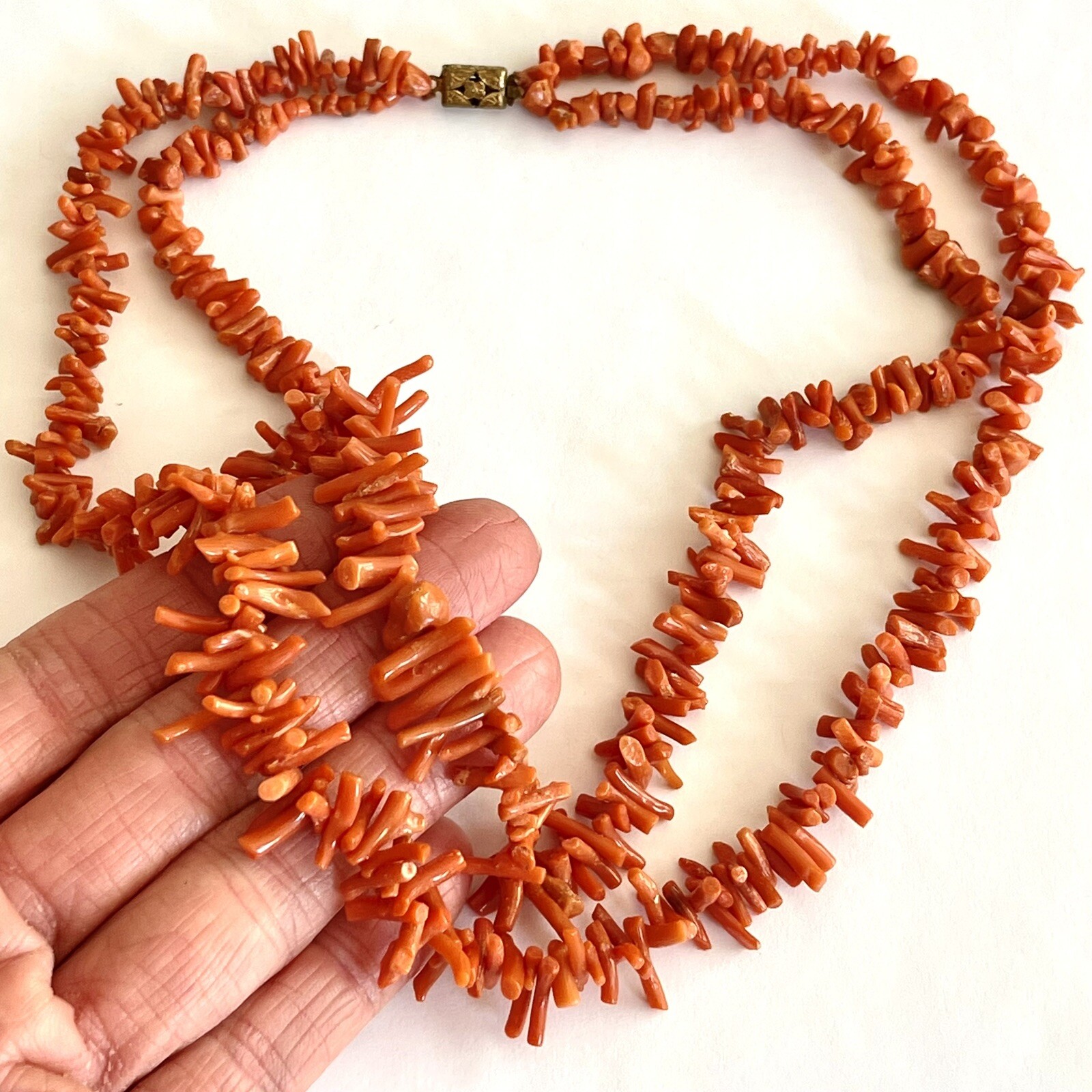 Antique Red Orange Branch Coral Necklace 2 Strand Natural 17in 44g VTG Art Deco