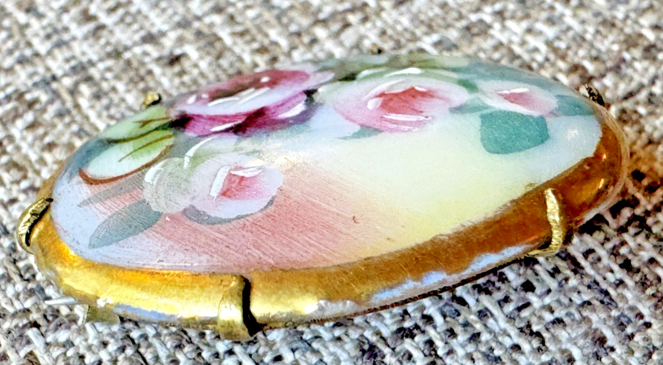 Vintage Victorian Style Hand Painted Floral Bouquet Porcelain Pin Brooch Roses