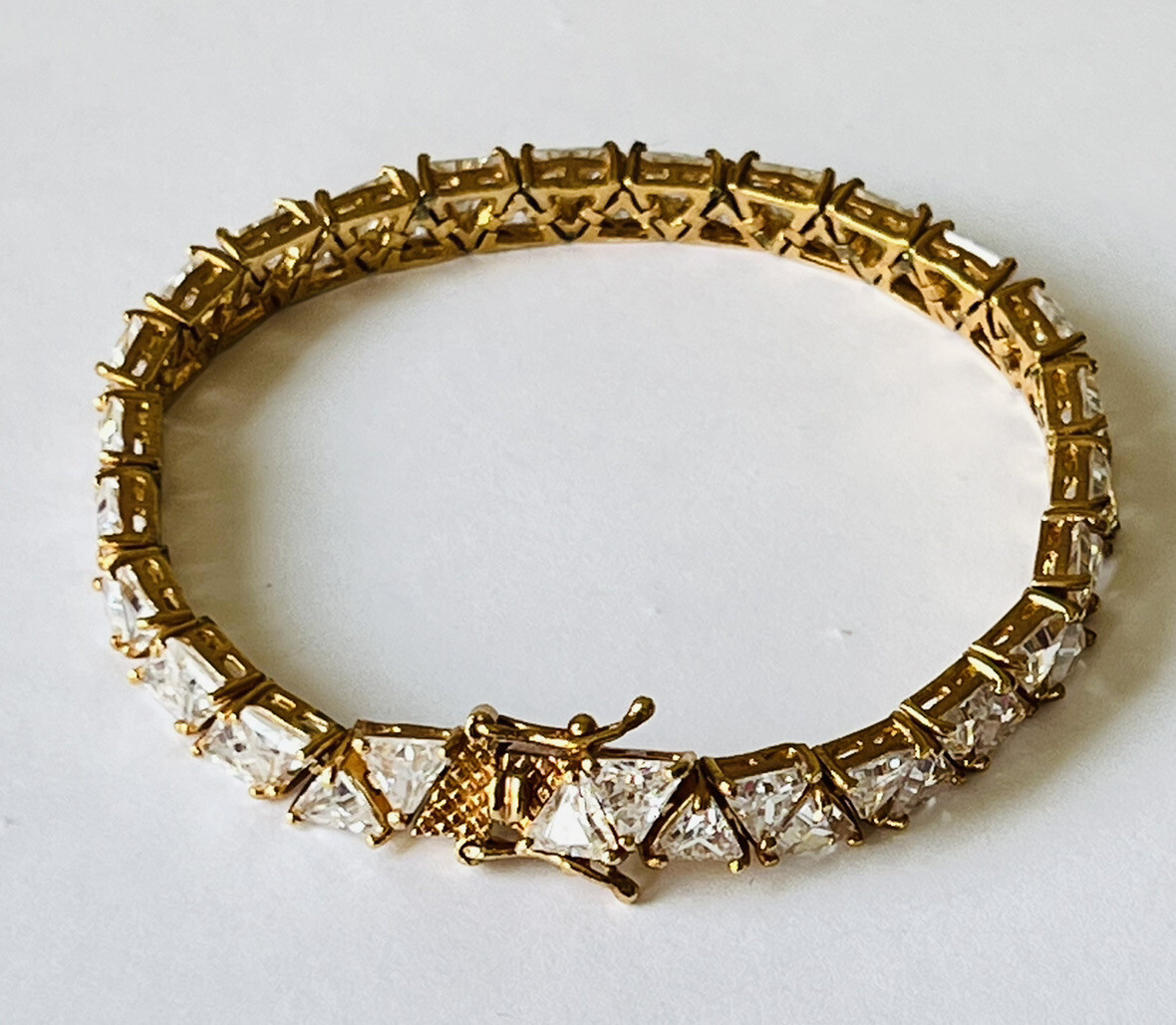 Vintage 18K Gold Vermeil Sterling Silver Trillion Cut CZ Tennis Link Bracelet
