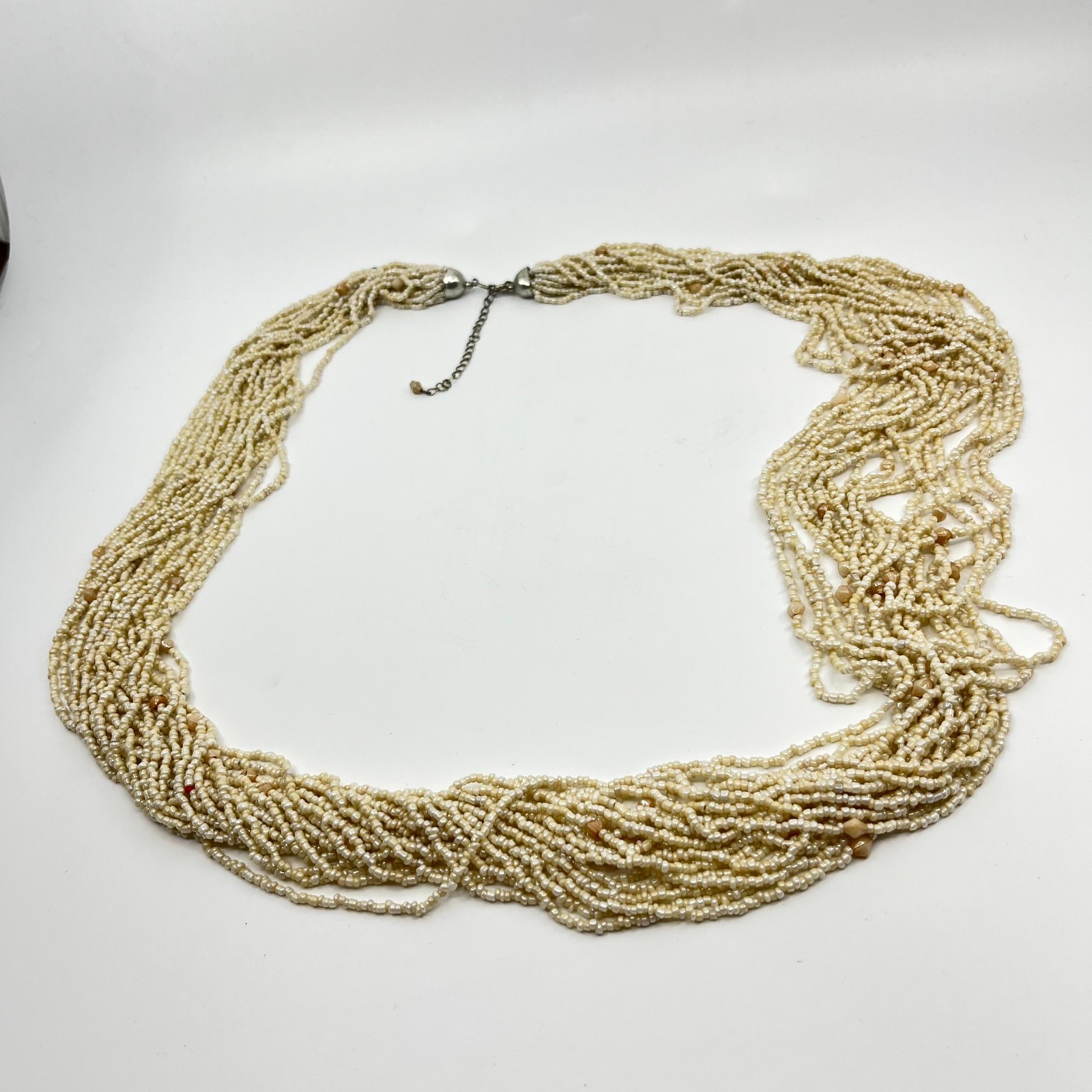 Vintage Multi-Strand Cream Seed Bead Statement Necklace Classic Style Lobster