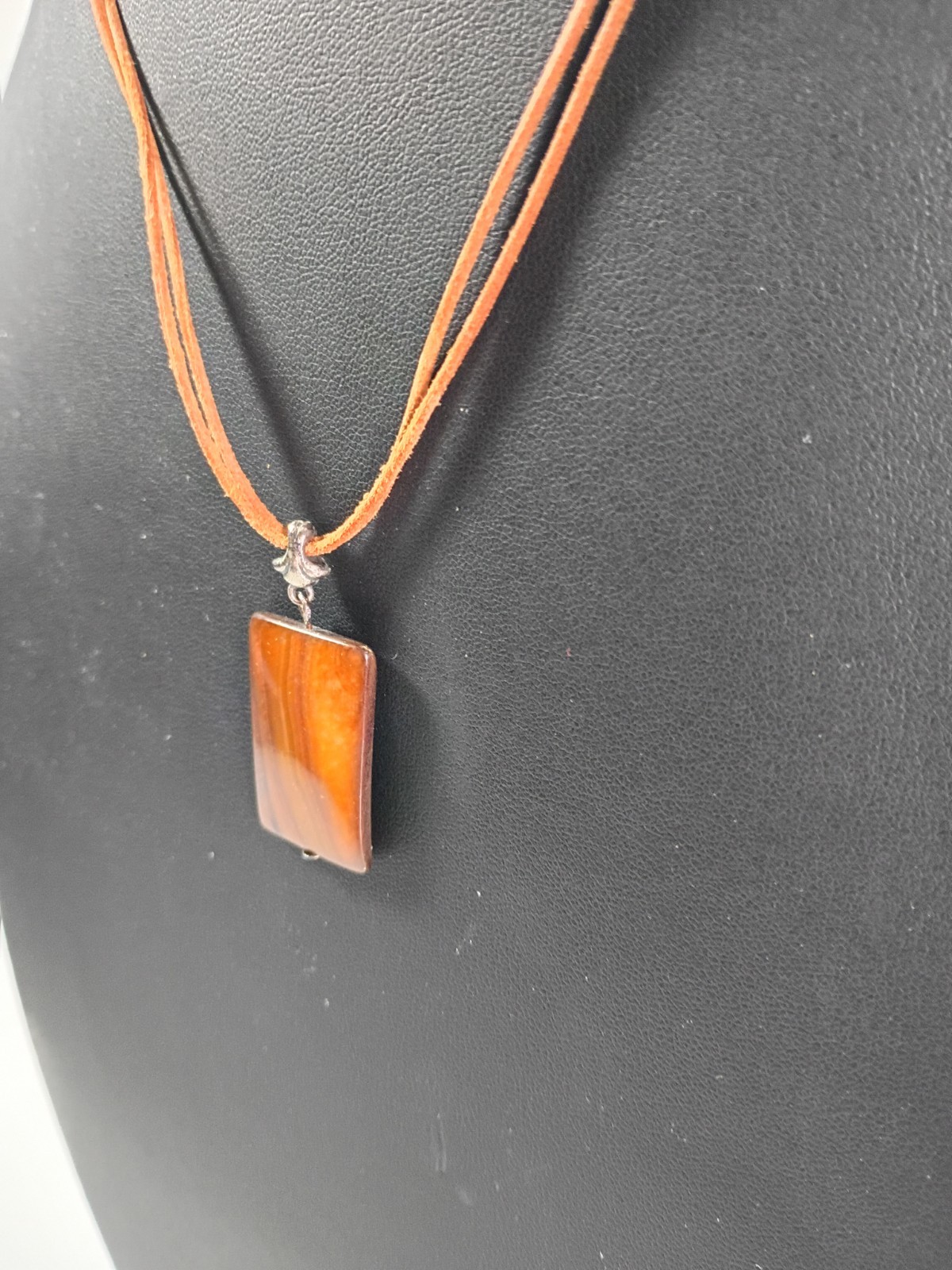 Rectangle Tiger Eye Brown Shell Penadant Necklace Brown Leather Cord 925 Silver