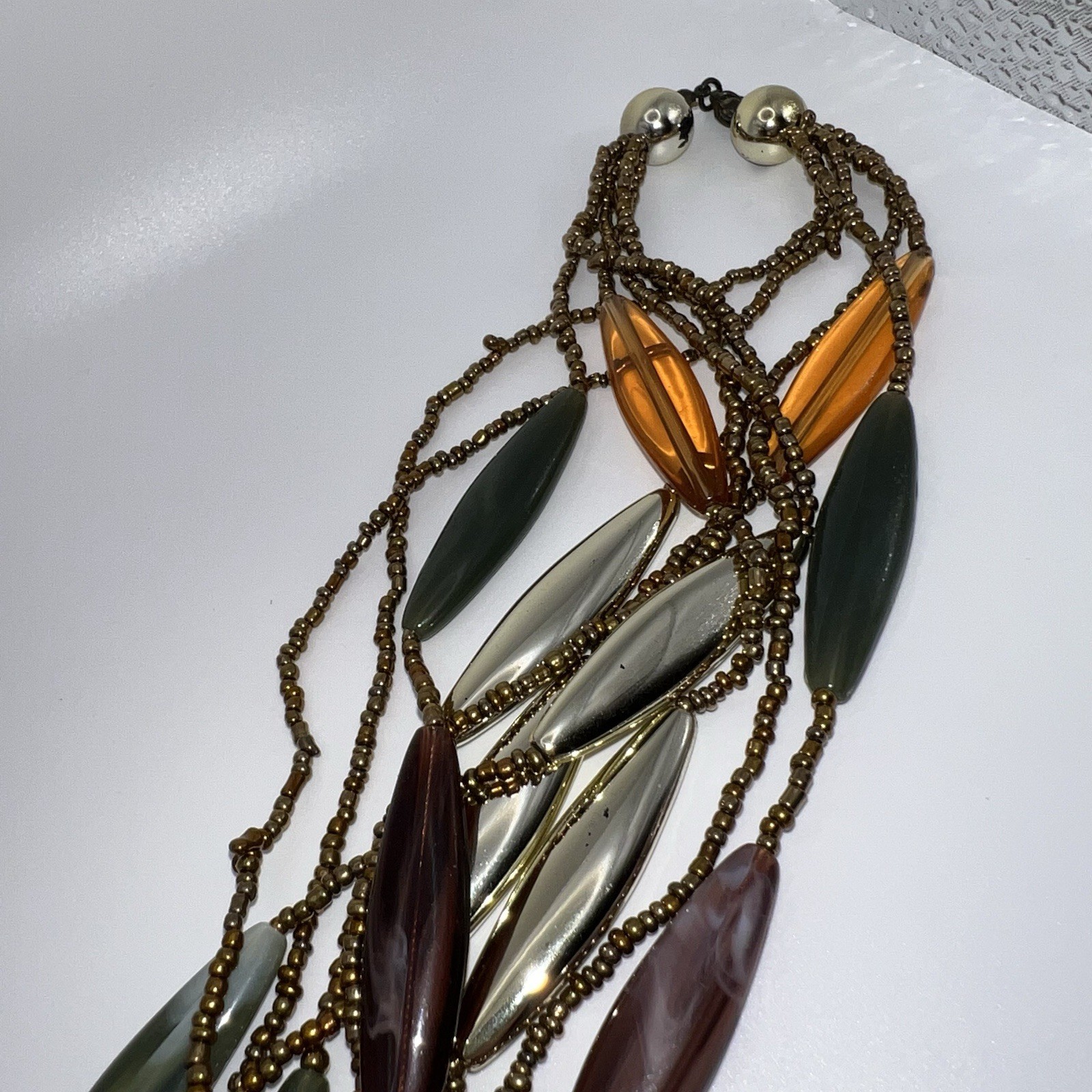 Vintage Plastic & Small Glass Beaded Necklace 32” End to End Beading Warm Colors