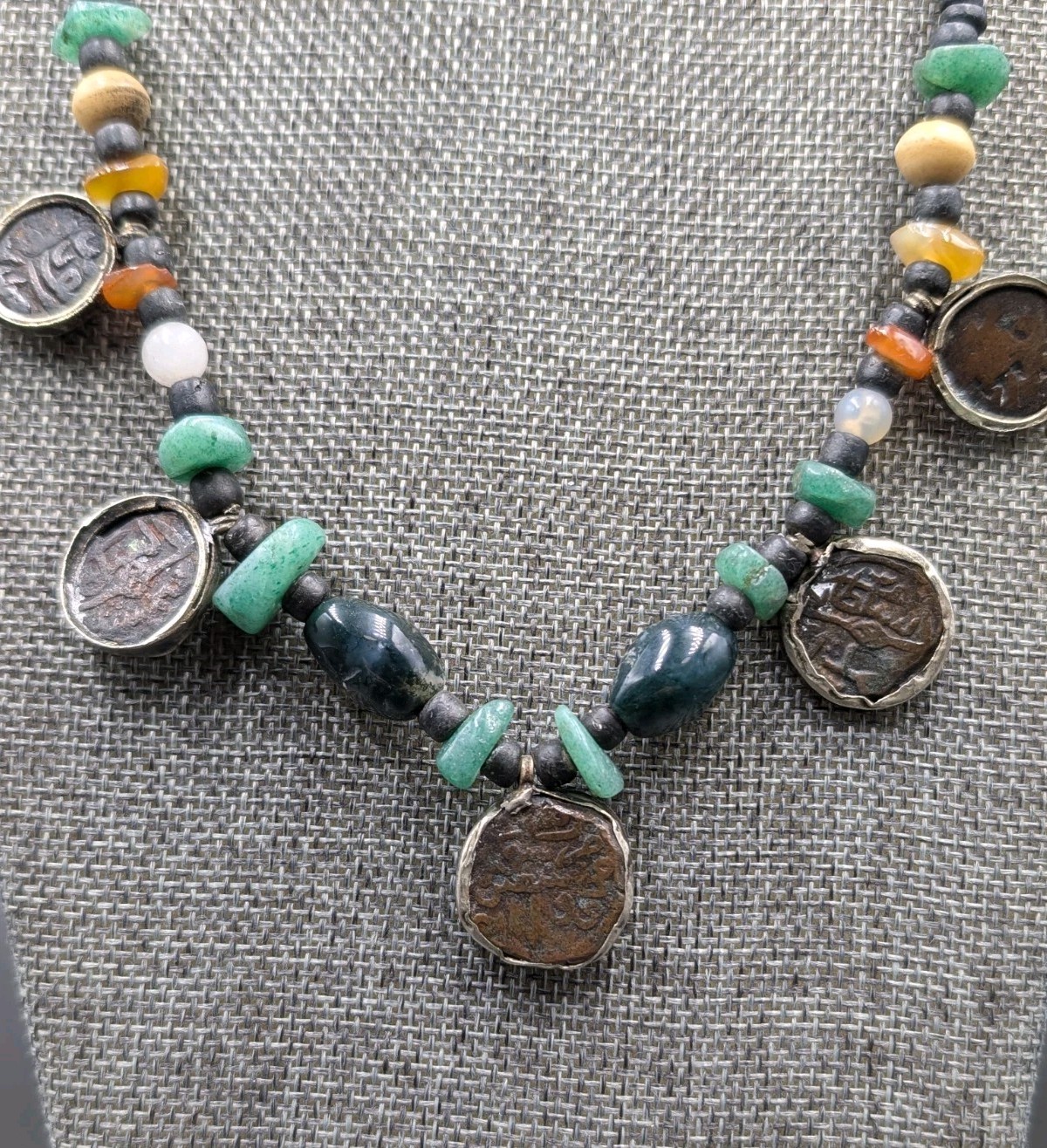 Vtg Ancient Silk Road Islam Mamluk Coin Stone Beads Sterling 925 Clasp Necklace