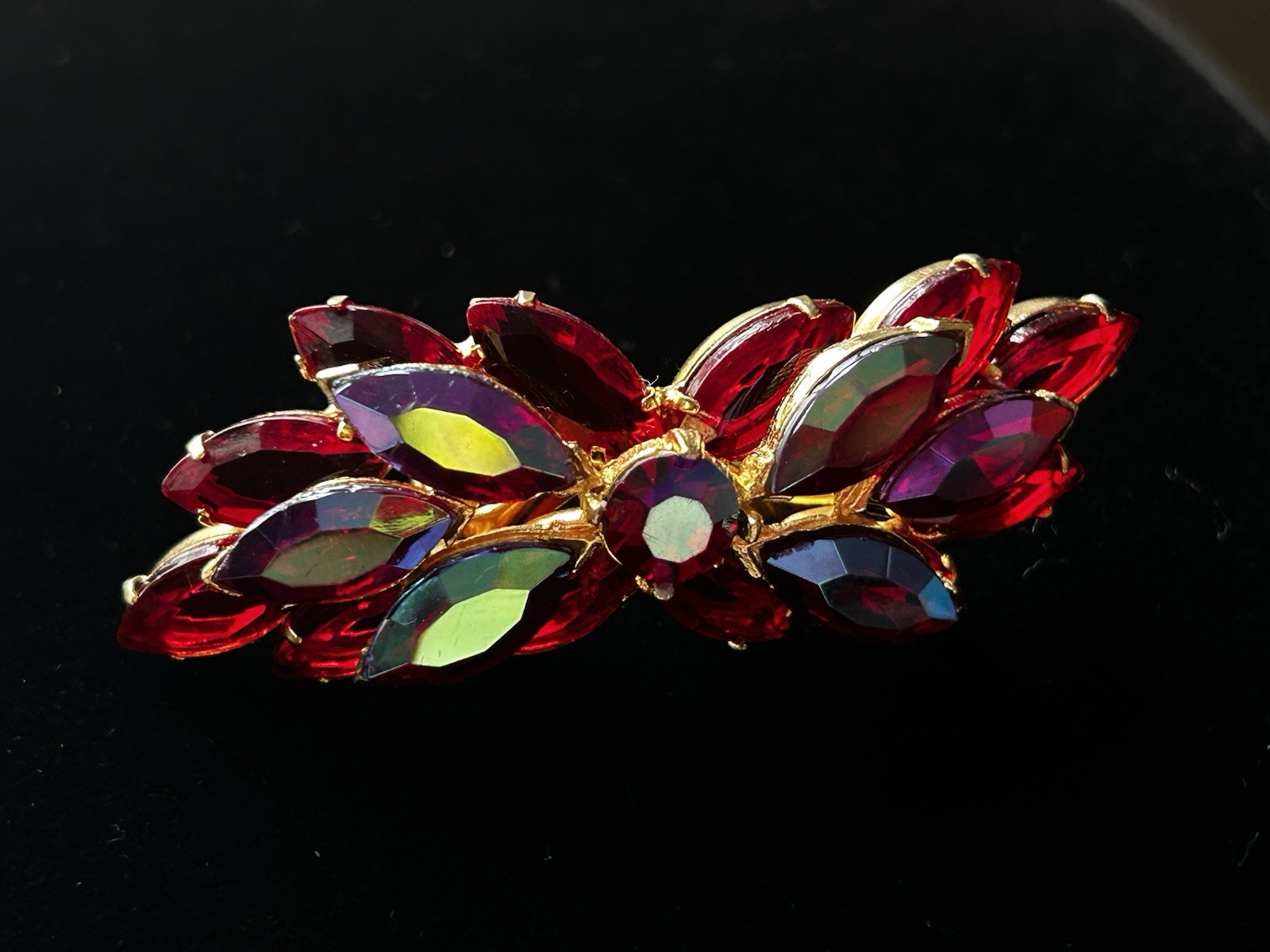Vintage Red AB Marquise Rhinestone Gold Tone Cluster Brooch Pin 21g