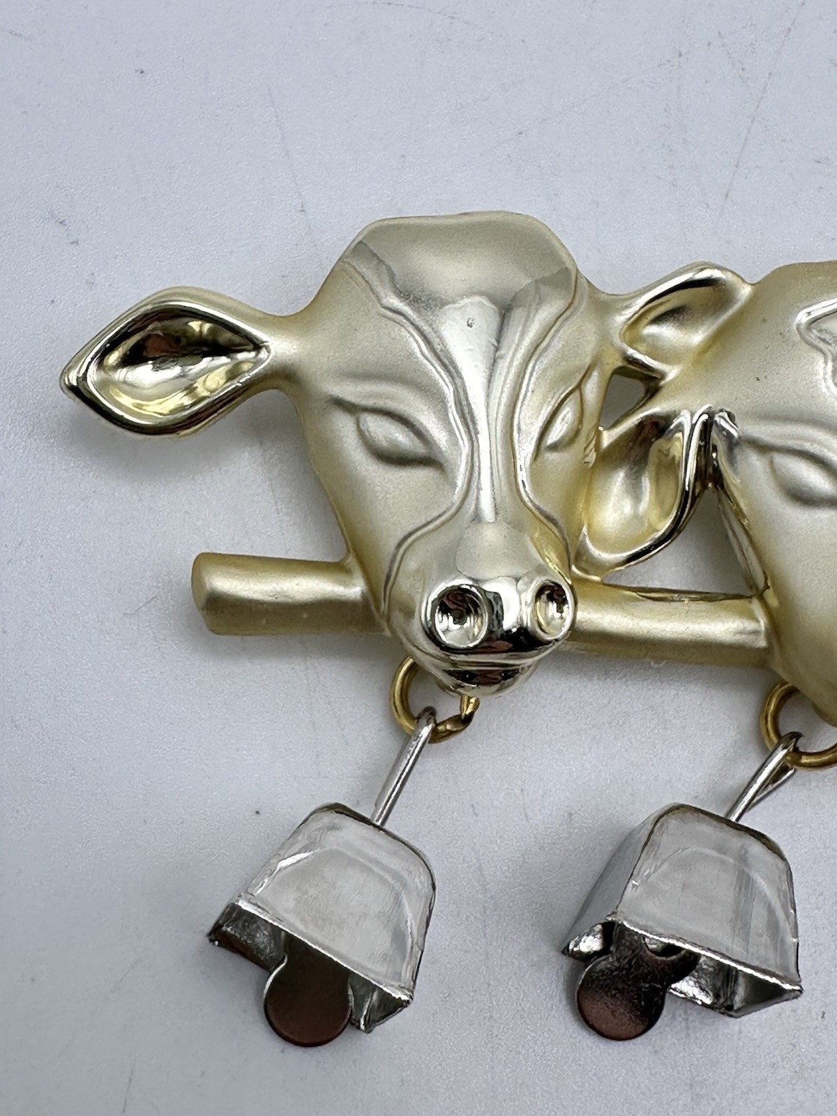 Vintage Gold Tone 3 Cow Brooch Pin with Dangling Silver Tone Bells Signed AJC