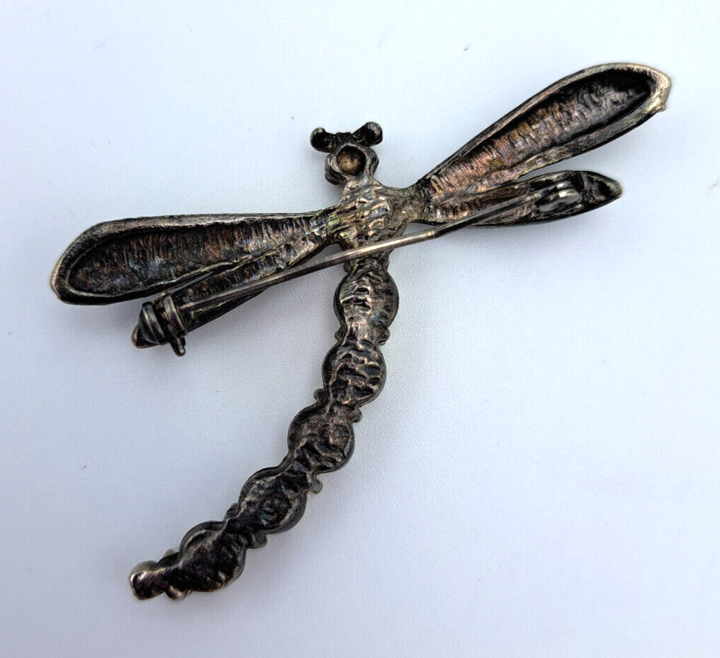 Vintage Dragonfly Brooch Pin Silver Metal Pewter Rhinestone Artisan Figural 3D