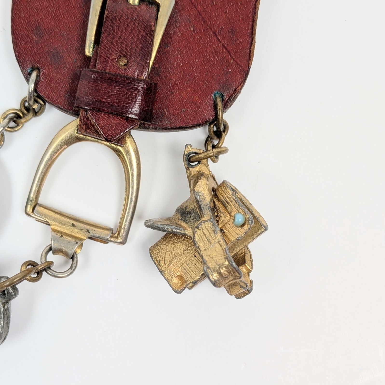 Western Cowgirl Equestrian Brooch RARE Rodeo Leather Saddle Chatelaine Charms
