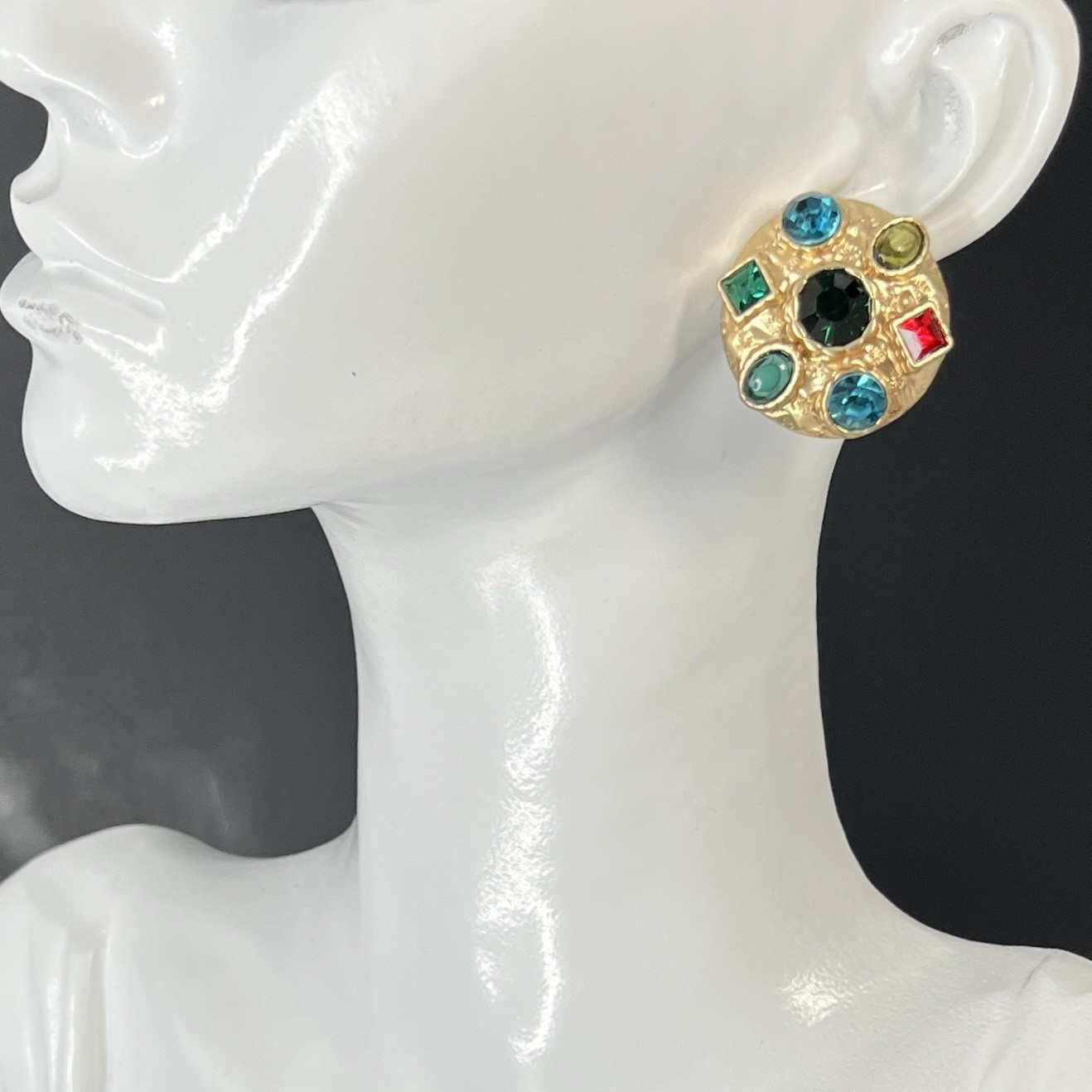 Byzantine Matte Gold Tone Earrings Round Rhinestone Gripoix Style Multicolor