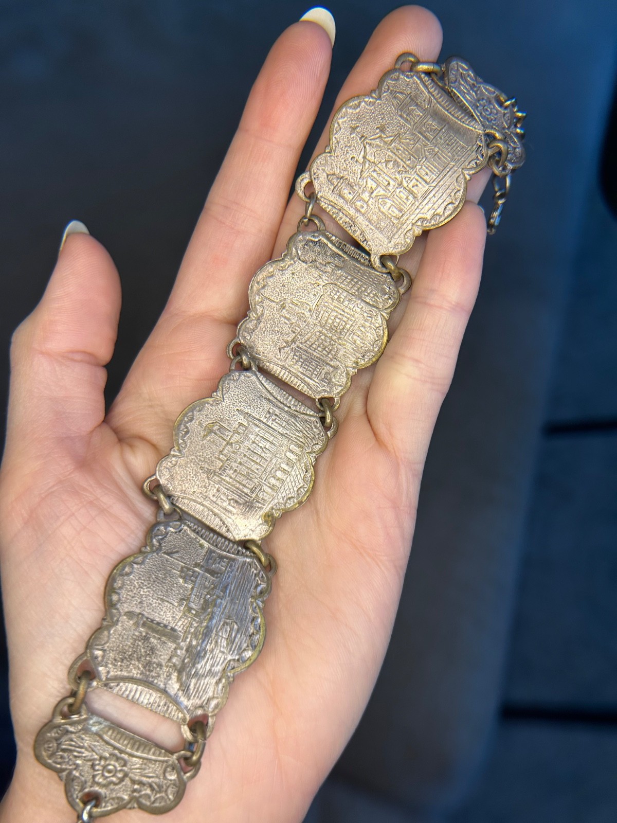 Antique European Cityscape Panel Bracelet 1930s Silver Plate Souvenir Scenic 9″