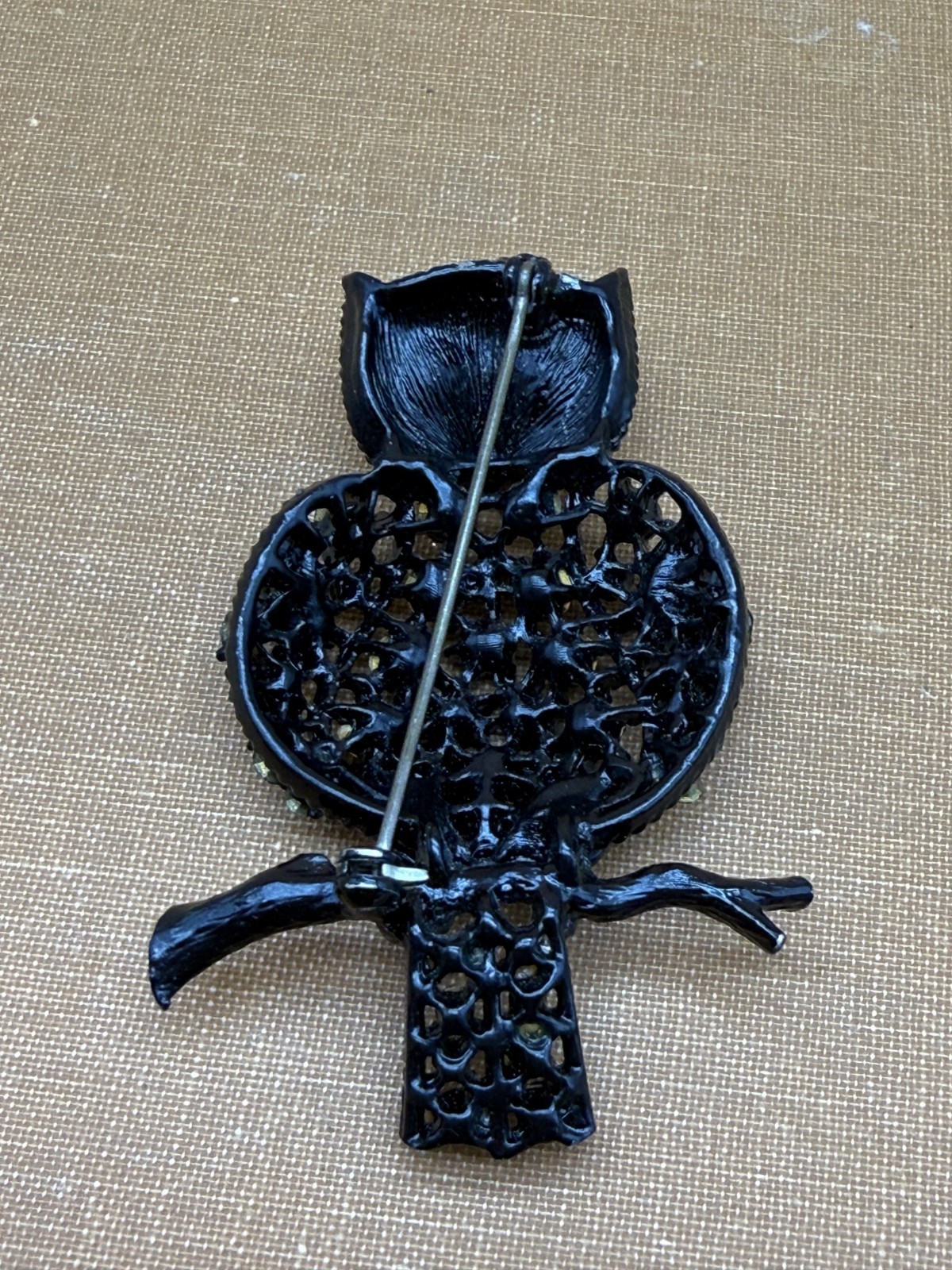 Vintage Owl Figural Black Rhinestone Black Metal Brooch Unsigned