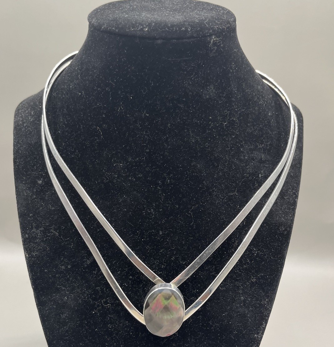 EUC Dominique Dinouart DDD Mexico Abalone Faceted Sterling Collar Necklace 18″