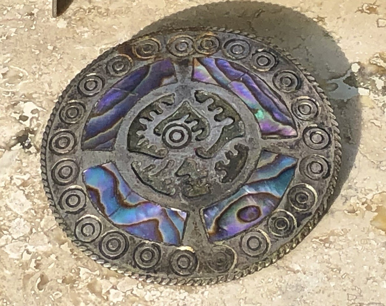 🌈 ✨VTG TAXCO Mexico 925 Sterling Silver TRB RAINBOW ABALONE Aztec Sun Pendant