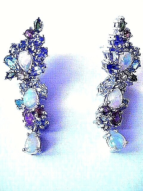 STUNNING! VINTAGE ETHIOPIAN OPAL EMERALD SAPPHIRE GARNET TOPAZ EARRINGS SS 14K