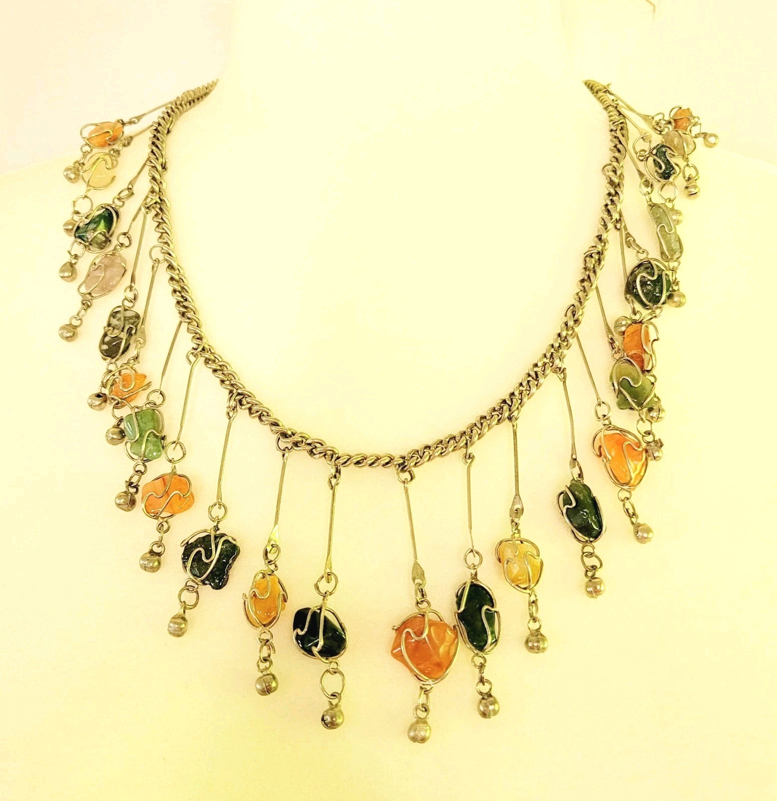 Vtg Wire Wrapped Caged Gemstone Agate Necklace Bib Dangle 21″ 1970s Boho Silver