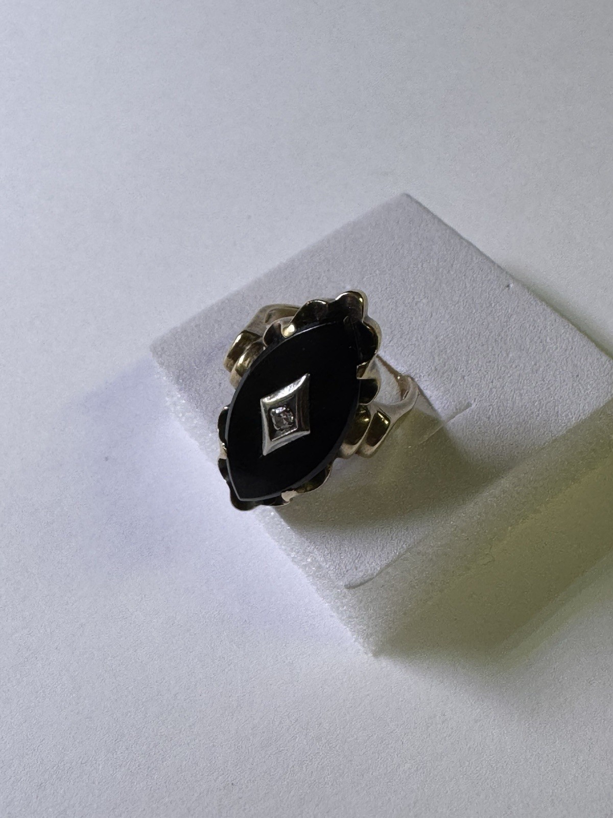 Vintage 10K Gold Black Onyx Diamond Ring Marquise Gothic Statement Estate 1940s
