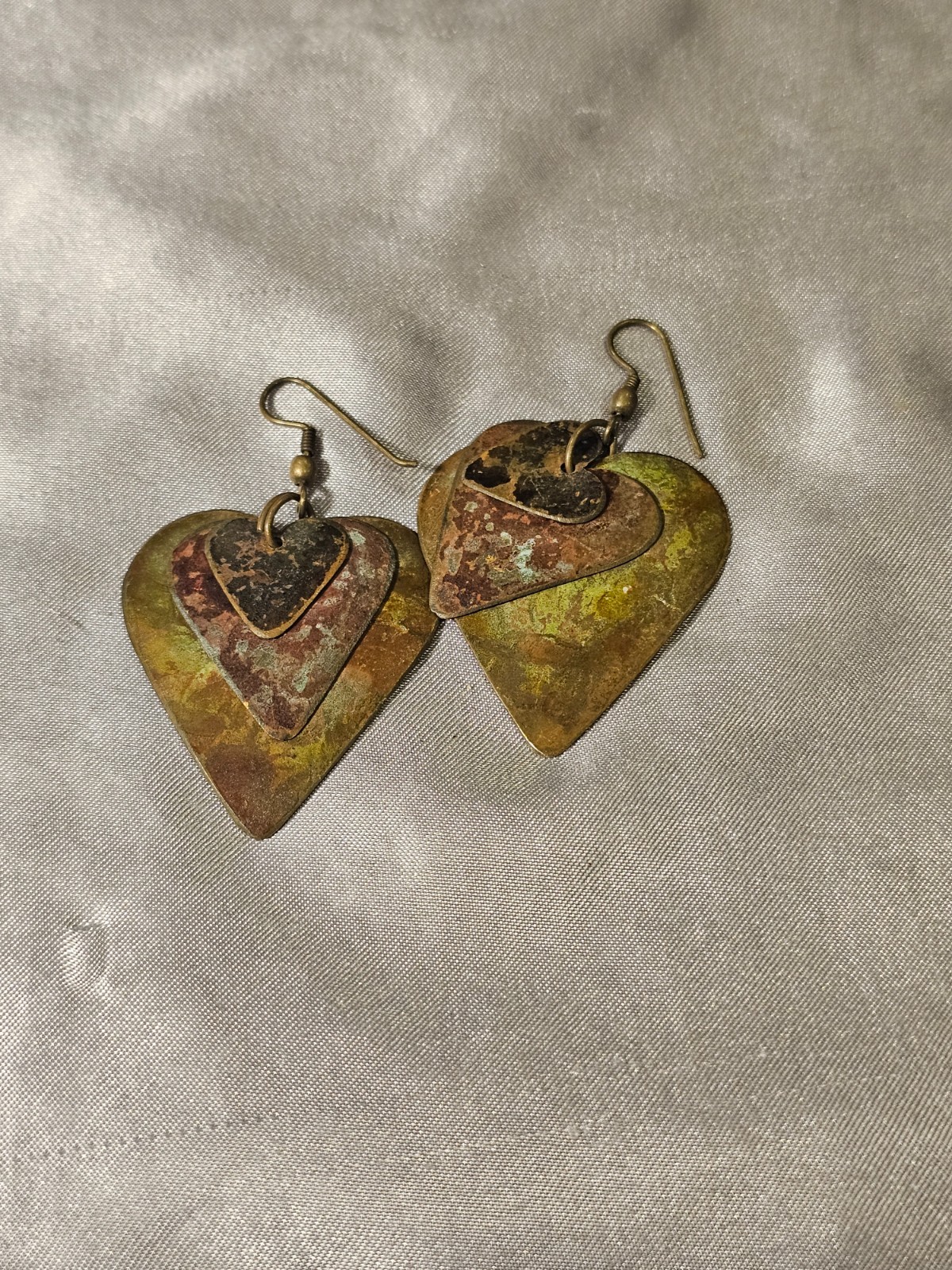 Vintage Patina Heart Earrings Layered Brass Hearts with Rustic Boho Finish