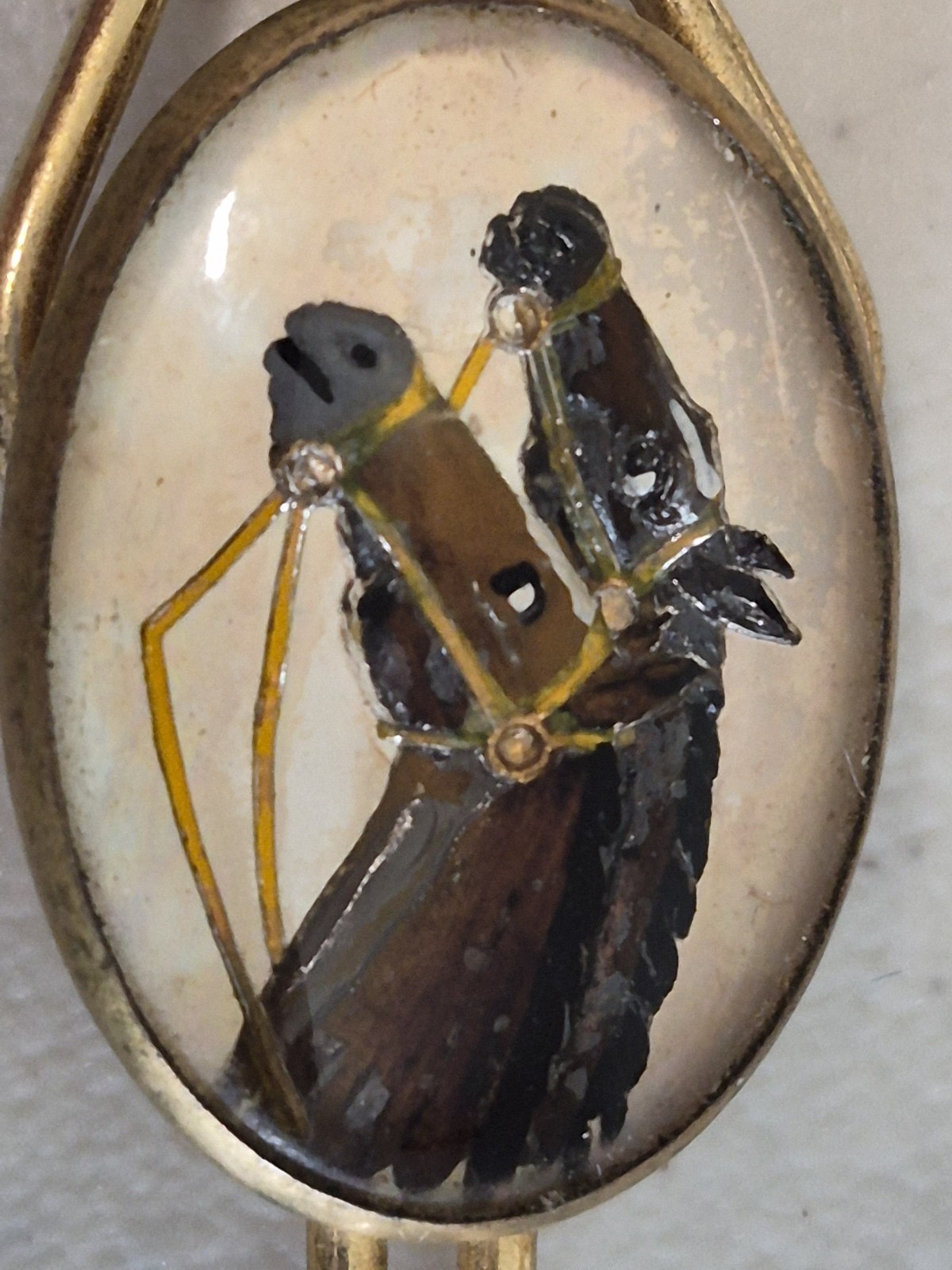 Vtg Equestrian Reverse Painted Portrait of Horses, Vintage Tie Clip, Circa 1930s