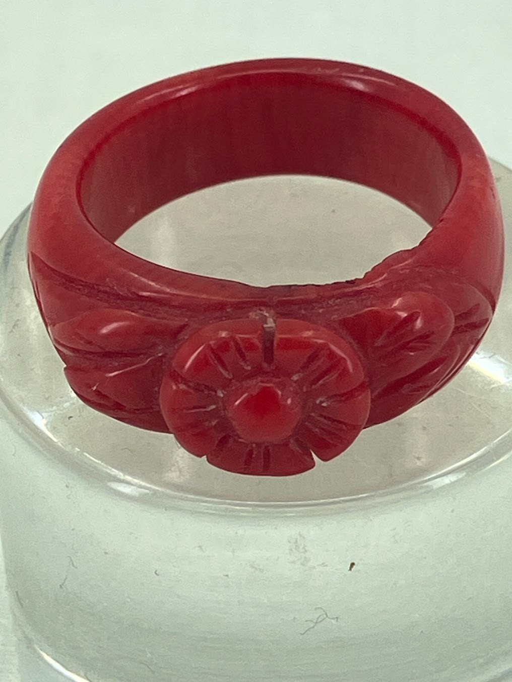 Vintage Coral Ring Carved Red Flower Sz 7.5 READ