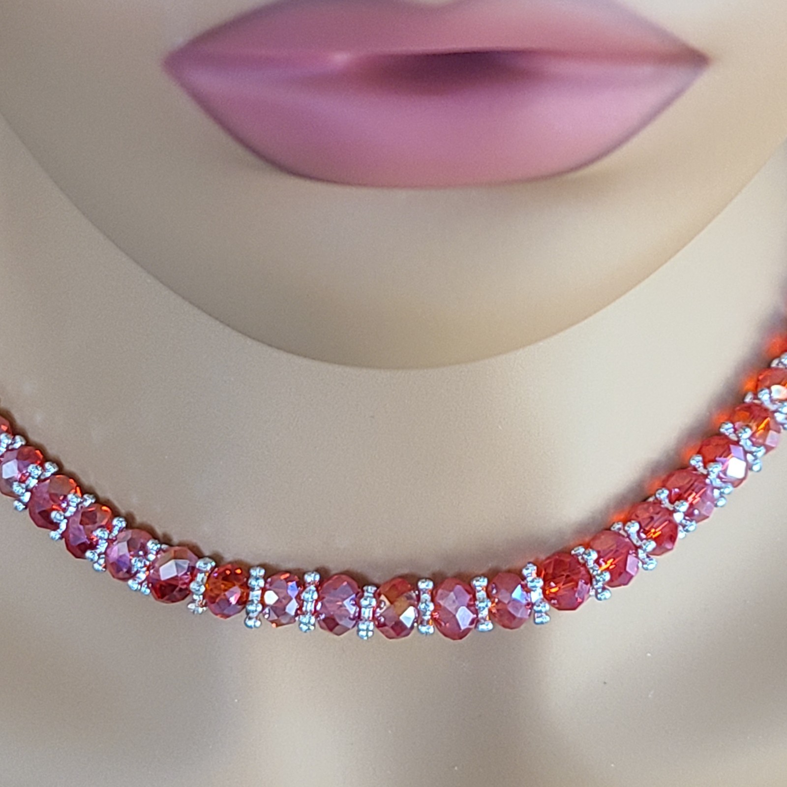Vintage Fire Red Aurora Borealis AB Faceted Glass Crystal Choker Necklace 18.5”