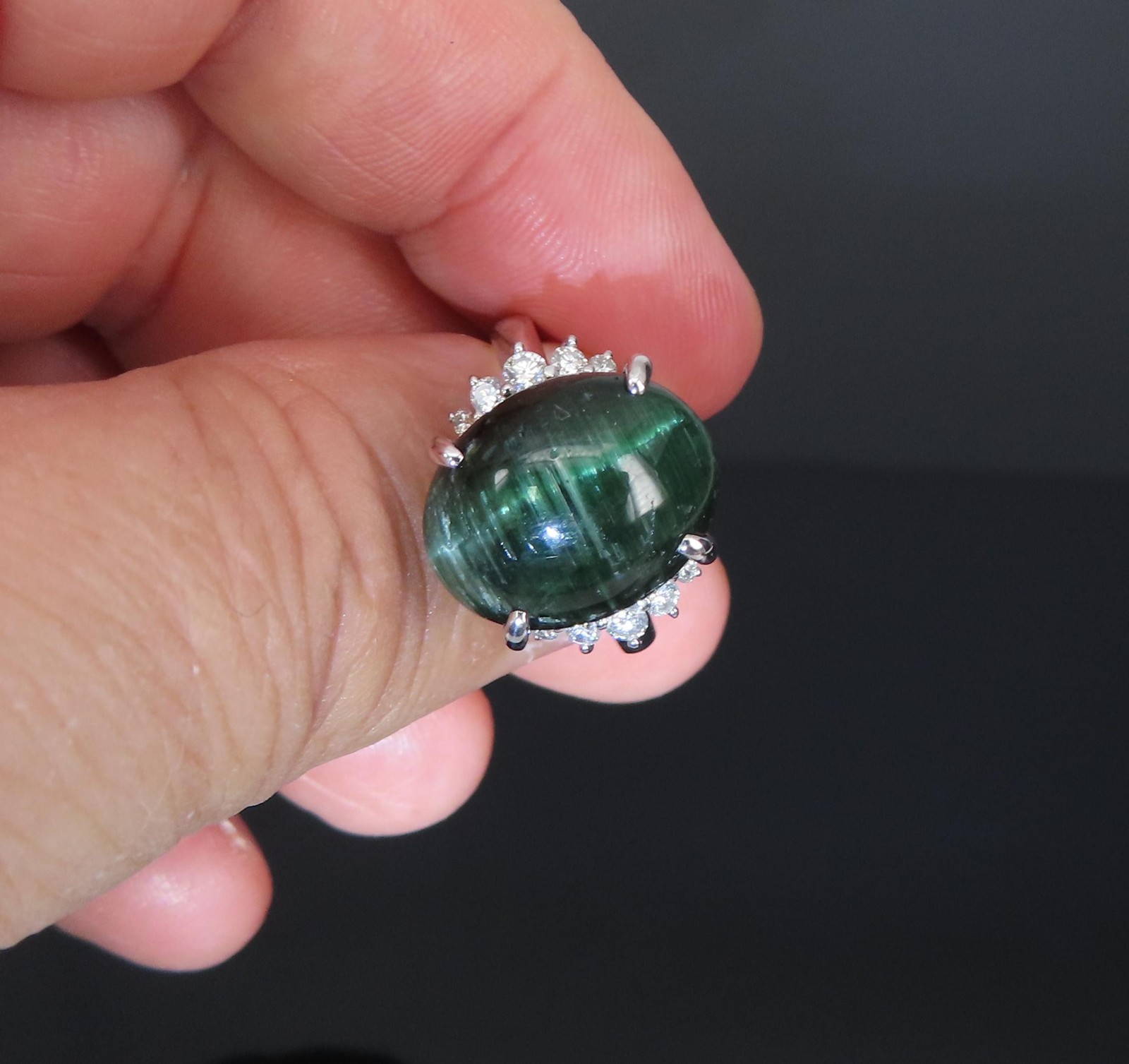 8.05ct Natural Cat’s Eye Green Tourmaline 0.26ct Diamond Platinum Ring Size 6.75