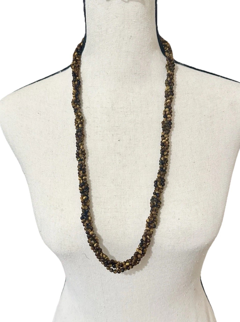VTG 29In 4 Strand Tigers Eye Bead Necklace Caviar Gold Tone Fish Hook Clasp Read
