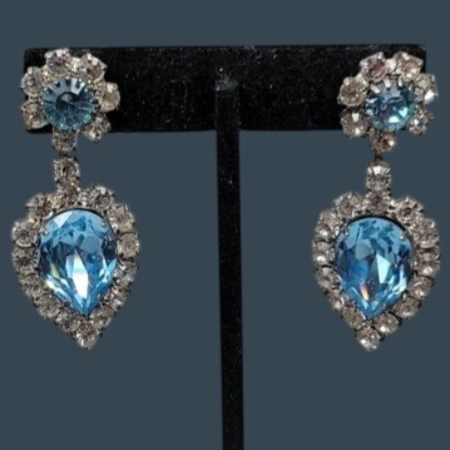 Vintage Art Deco Baby Blue Clear Rhinestone Teardrop Dangle Post Earrings